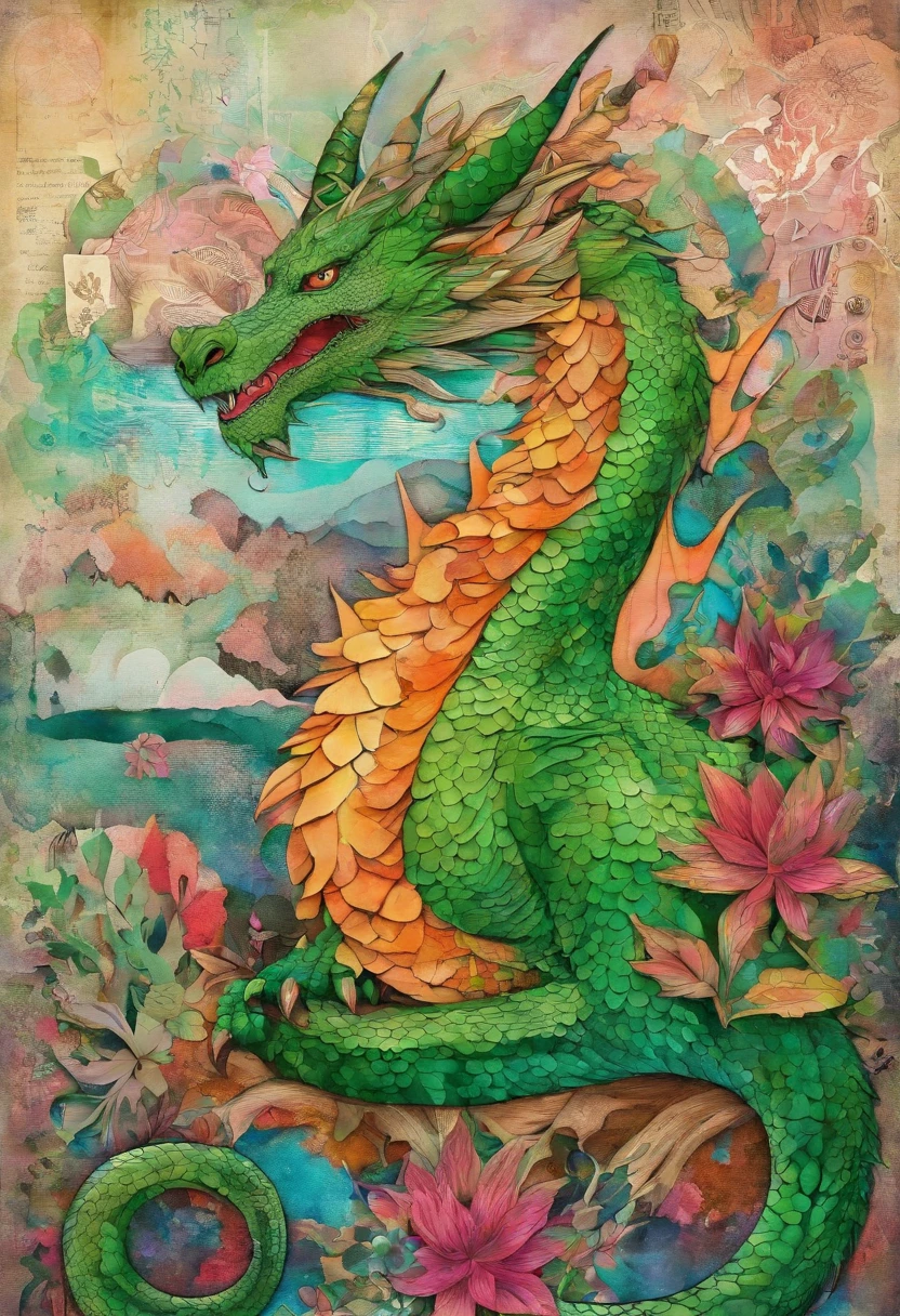 dragon vert ondoyant, fonds forêt printemps ::2 colorful ink painting ::2 art fantasy