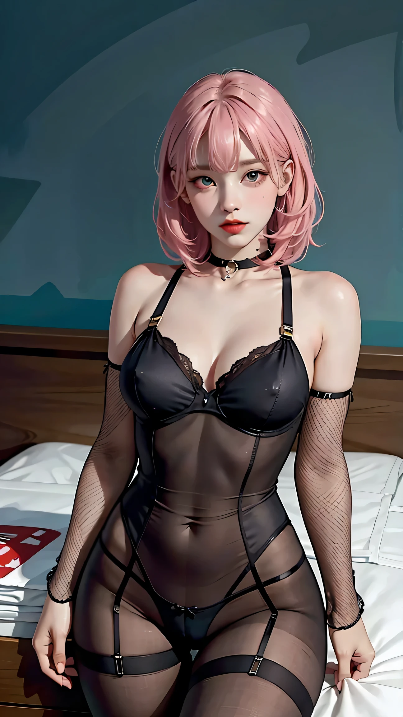 1 girl, athlete's body, big breasts, Narrowed eyes, oblong face (fishnet, lingerie, See-through, body suit, pantyhose, bare shoulders, halter neck, ), highest quality, disorganized, pink hair, choker, Bedroom, stand, NSFW:0.9