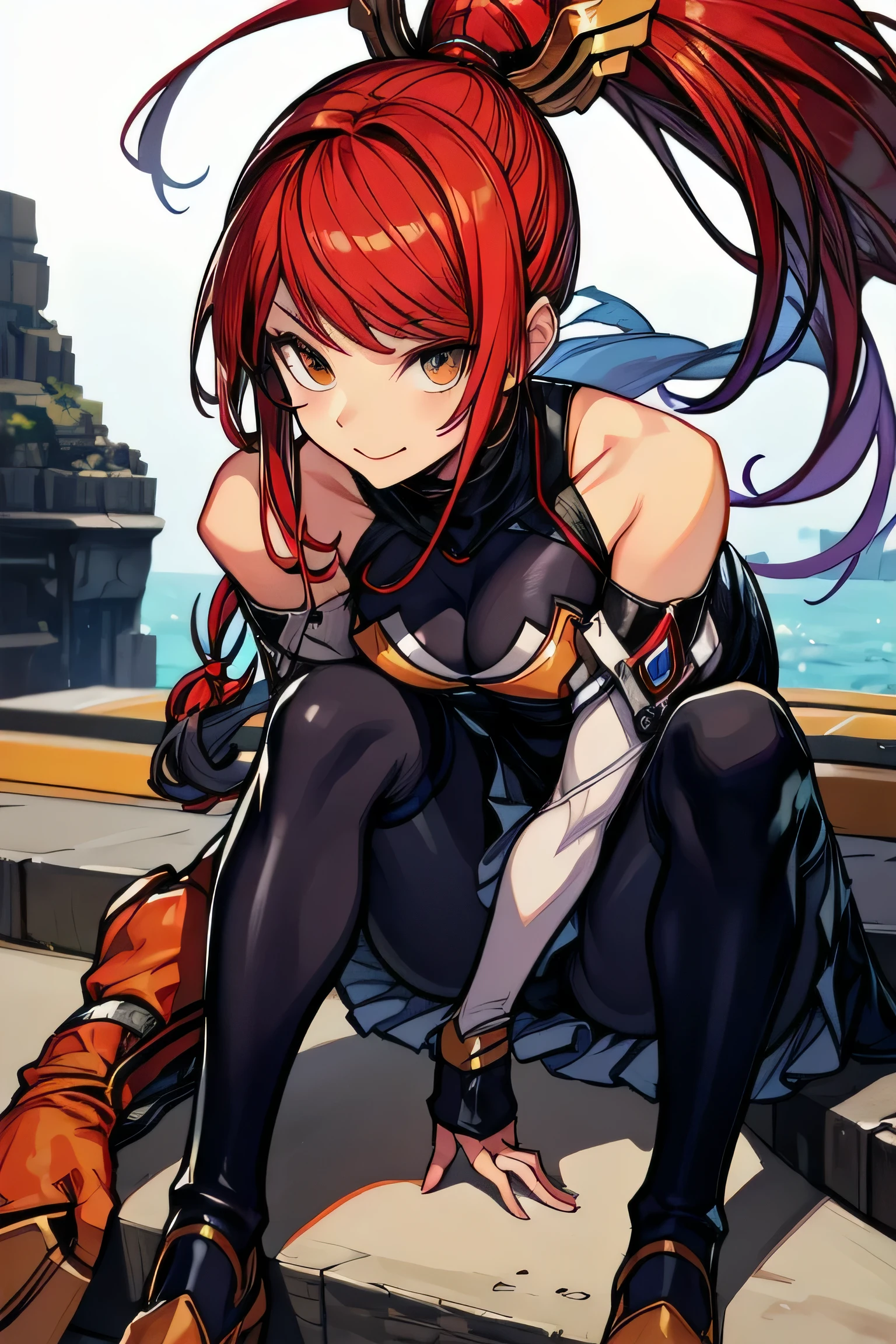 Izayoi (blazblue), orange eyes, red hair, ponytail, long hair, Small breasts, armor, bodysuit, boots, skin tight, skirt, thigh boots, thighhighs, 1girl, solo, facing viewer, looking at viewer, upper body, smile, Sitting
