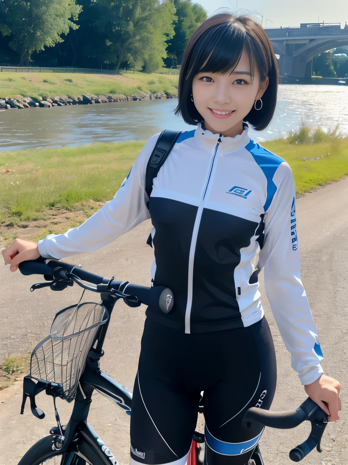 (Masterpiece, Best-quality, RAW-photo, Super-high-quality, Highest-quality, Photorealistic, 8K photo, NSFW), 
(anatomically correct, accurate human body, realistic person)
(Thin waist and busty style body, 16-years-old, Realistic Japanese girl, short height, Kawaii Japanese, angelic beauty), 
(Cycling wear, Nipple protrusion, nipple covered by clothes, Montbell, racer pants, arm warmers, cycling jerseys, cycling pants, bicycle, professional sports bicycle, bianchi), 
(whole body, full length, standing, hold the handlebars of a bicycle, stand in front of the bicycle), 
(maiko, angelic beauty, Round face, Black hair, Black eyes, Moist eyes, Shining eyes, Short bob cut, Bangs, Down-slating eyebrows, one little earring), 
(smile), 
(Along the river, cycling road, clear sky), 
bright lighting