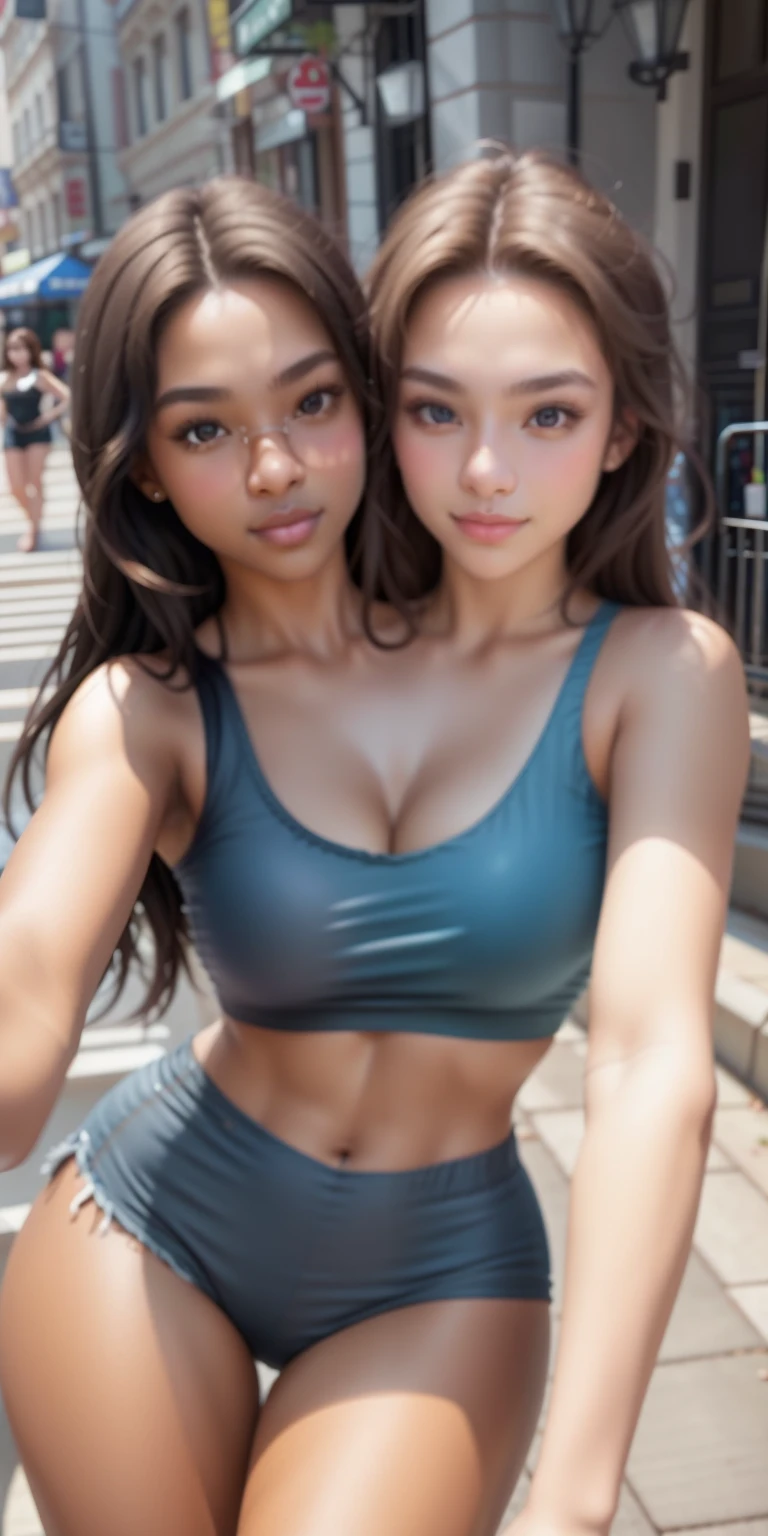 Realistic, 2 girls.selfie, (two heads), dark skin