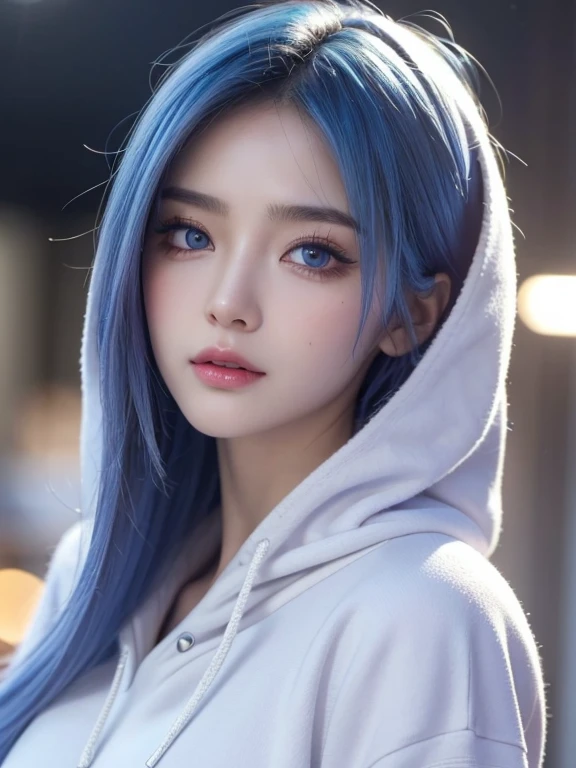 girl, high quality, Super detailedな, crazy details, 4k quality (Cinematic digital artwork: 1.3), high quality, 最high qualityの, Super detailed, shape, [4k digital art]、 indosugu nr, (sharp focus: 1.5), Depth of written boundary, Bokeh, 4k 、High resolution, Super detailedな, Highly detailed CG Unity 8K wallpaper, realistic, Photoreal, Raw photo, beautiful and detailed face, white skin, realistic glowing skin, detailed hair texture, perfect body, beautiful face, acura, anatomically correct, highly detailed face, Eye and skin texture, natural neck length, (beautiful eyes), (beautiful hands), (Glossy skin:1.2)、thin legs, thin legs, knowledgeable person、detailed face、detailed background、 (live action、intricate details)、Tropical style、 Dramatic compensate、compensate、eye make up、eyeliner、eye shadow、Lilac Contact Lenses、(hoodie)、(sweat)、(Jersey)、(shortcut)、(blue hair)、Shinjuku、Shibuya