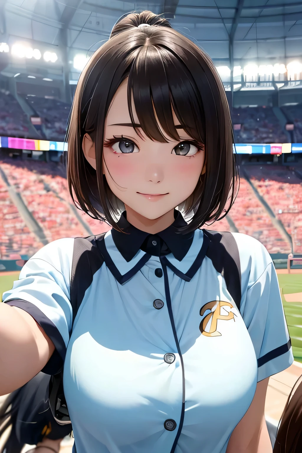 (highest quality:1.4)、(High resolution)、detailed background、(detailed beautiful face:1.4)、anatomically correct、(Depict the normal number of fingers:1.2)、(detailed facial expressions)、beautiful and smooth skin、Teenage beauty、(two women)、(huge breasts:1.3)、cute hair color、brown hair、bob cut、ponytail、cowboy shot、baseball Ground、Intense support and an enthusiastic atmosphere、sexy baseball uniform、emphasize cleavage、

(Two beautiful girls excitedly watch a sports game in the stands:1.5)、
Raise your arms in maximum excitement、stretch your arms、show one&#39;s side、
Eyes wide open、Mouth slightly open or smiling、A part of the body is moving slightly、
Your hands are shaking slightly or your body is swaying back and forth、A slight redness on the face and neck due to an increased heart rate、cute