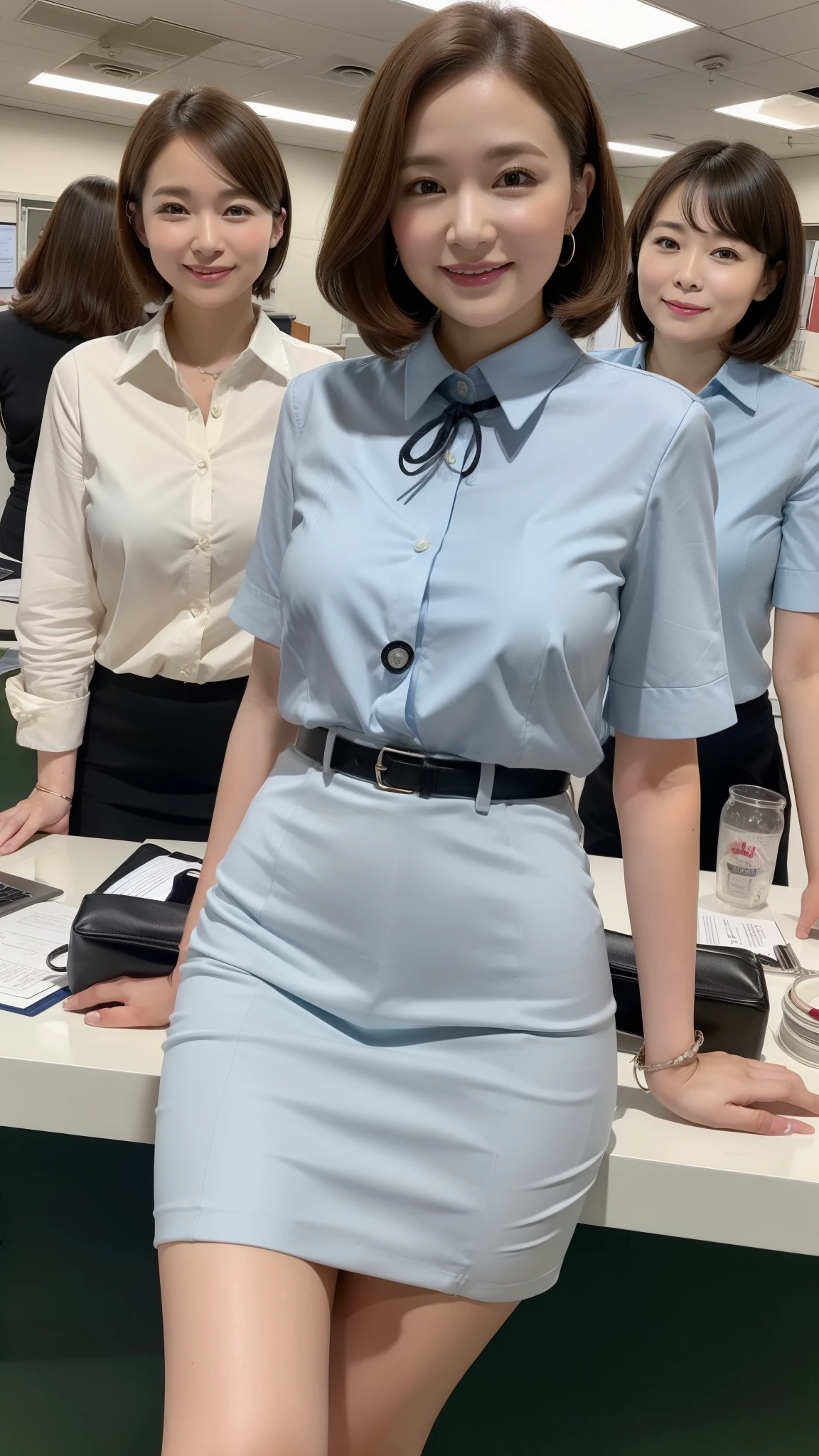 ((highest quality, 8K, Representative works in detail, ultra high resolution)), (group photo), (looking at the viewer), (middle shot:), 5 attractive business ladies, 5 people, a little chubby:0.25, white collared shirt, gray skirt, (Sitting cross-legged at an office desk)), smile, President's office,Large bust、mini skirt、mini skirt、