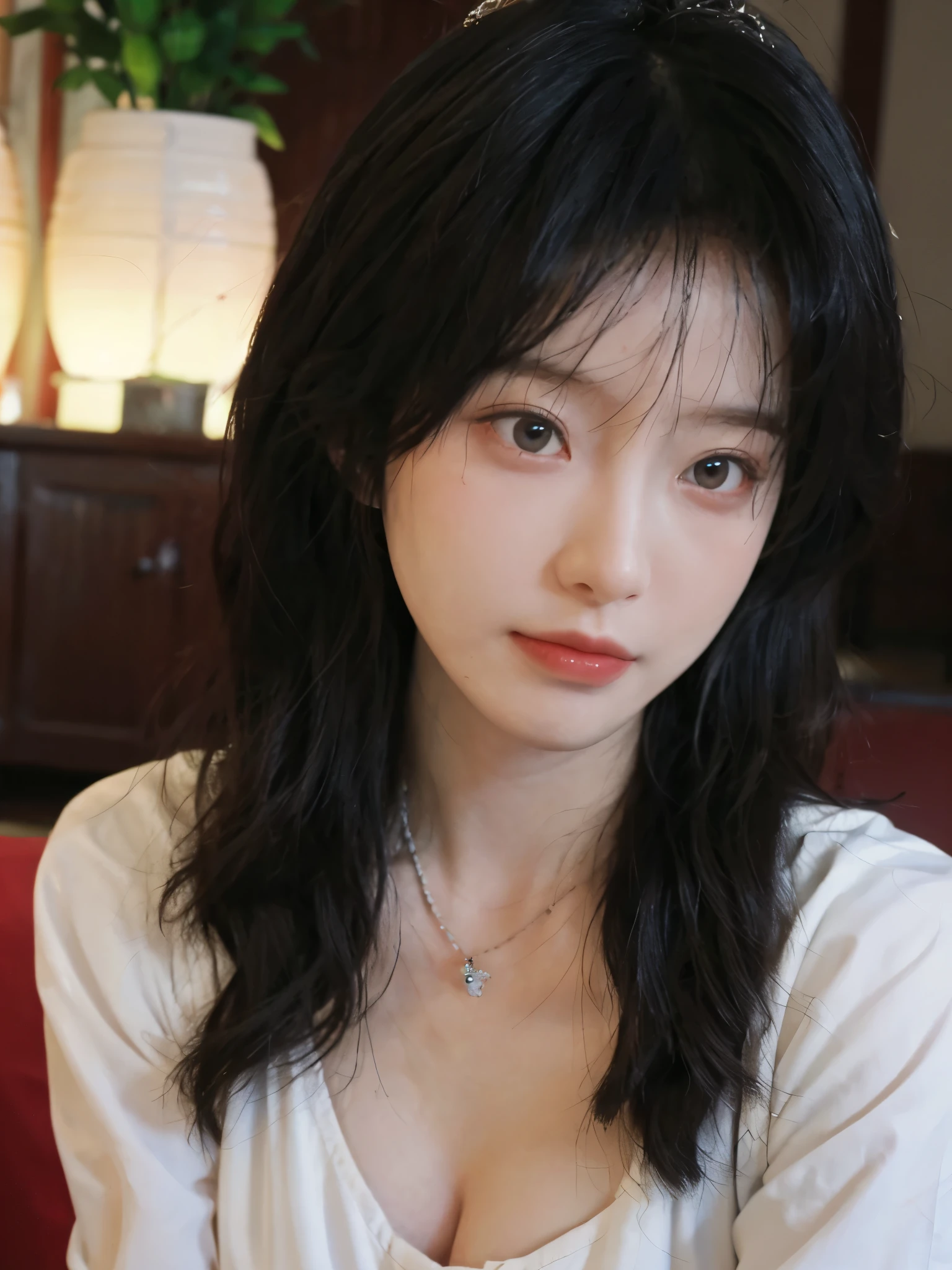 best quality, ultra high resolution, (realistically:1.4),cute hairpin,Baoyu Girl,Standing in the wedding hall,(flat chest:1.2) ,A pair of clear and charming peach blossom eyes,Royal sister,The sun shines on the face,Big wavy hairstyle,(necklace:1.2),(White skin:1.4),a sense of atmosphere,a beautiful girl,Looking directly at the viewer, Close-up cleavage ,(lifelike:1.4),1 girl,Sexy,(Upper body:1.4),(wet),(:1.2)