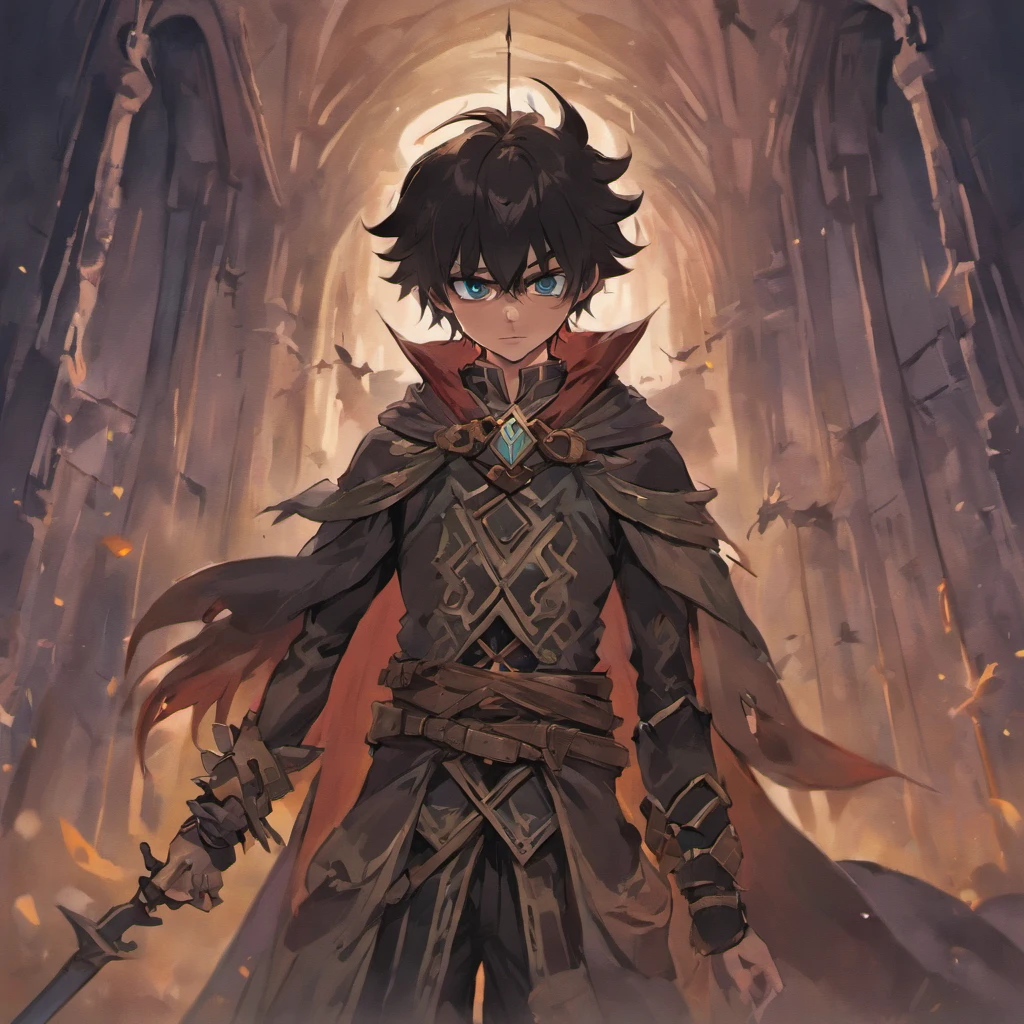 Ein Halbling mit blauen Augen und zerzausten, braunen Haaren steht in der Mitte des Bildes. He wears black leather armor and a red cape, das im Wind weht. Der Halbling schwingt sein Schwert kraftvoll nach vorne, while the shadow of a supernatural enemy looms in the background. Der Schatten ist zerteilt, as if the halfling had just pierced him with his sword, and exudes a dark atmosphere. Der Halbling hat einen entschlossenen Ausdruck im Gesicht, while he faces the fight.