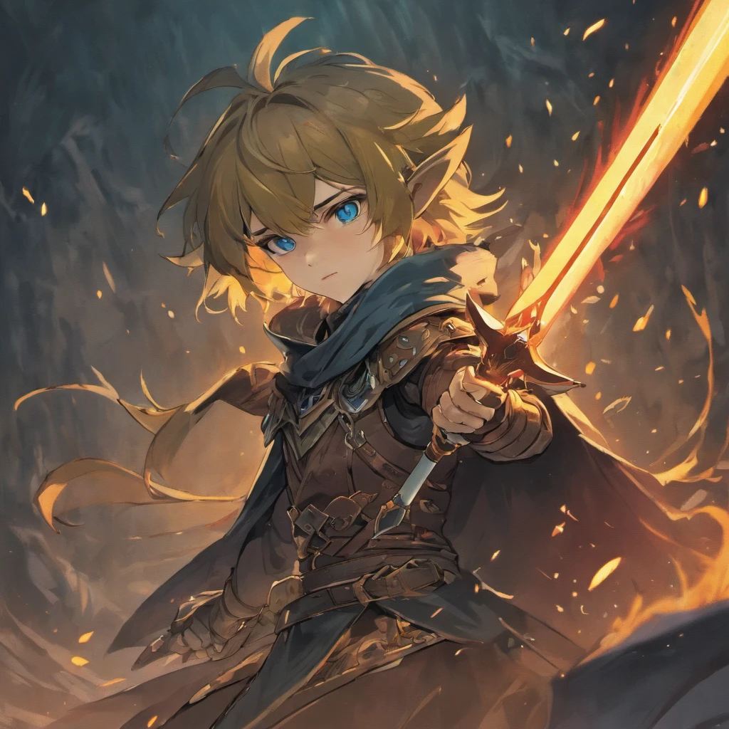 Ein Halbling mit blauen Augen und zerzausten, braunen Haaren steht in der Mitte des Bildes. He wears black leather armor and a red cape, das im Wind weht. Der Halbling schwingt sein Schwert kraftvoll nach vorne, while the shadow of a supernatural enemy looms in the background. Der Schatten ist zerteilt, as if the halfling had just pierced him with his sword, and exudes a dark atmosphere. Der Halbling hat einen entschlossenen Ausdruck im Gesicht, while he faces the fight.