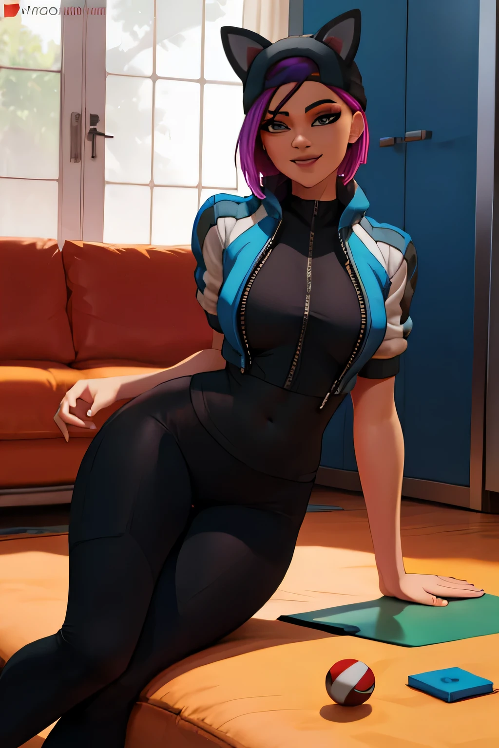 Leggins lince negro con chaqueta azul con negro sonriendo sentada jugando videojuegos 