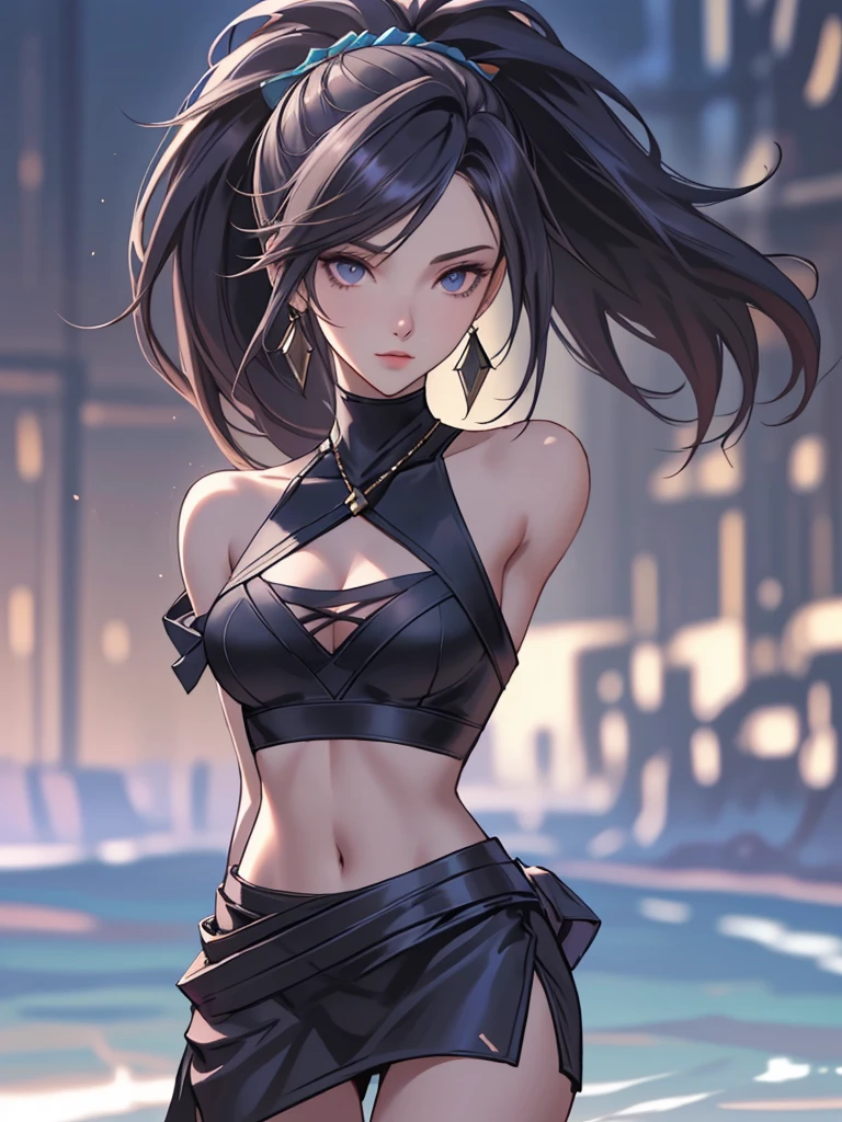 1 girl (Masterpiece, best quality, photorealistic, highres, photography:1.3), close-up portrait, sharp focus, 1 dark haired girls, European fashion models, flawless skin, slim feminine appearance, flat abdomen, slender abs, cleavage, messy hair, detailed hair strands, delicate sexy face, allure look, ((elegant girl, high society, detailed makeup, influencer, perfect skin)), outdoor fashion photoshoot, standing pose, ((realistic, ultra realistic, realism, realistic detail)), long black ponytail, hair between eyes, (tan skin, bronze skin) blue eyes, tan skin