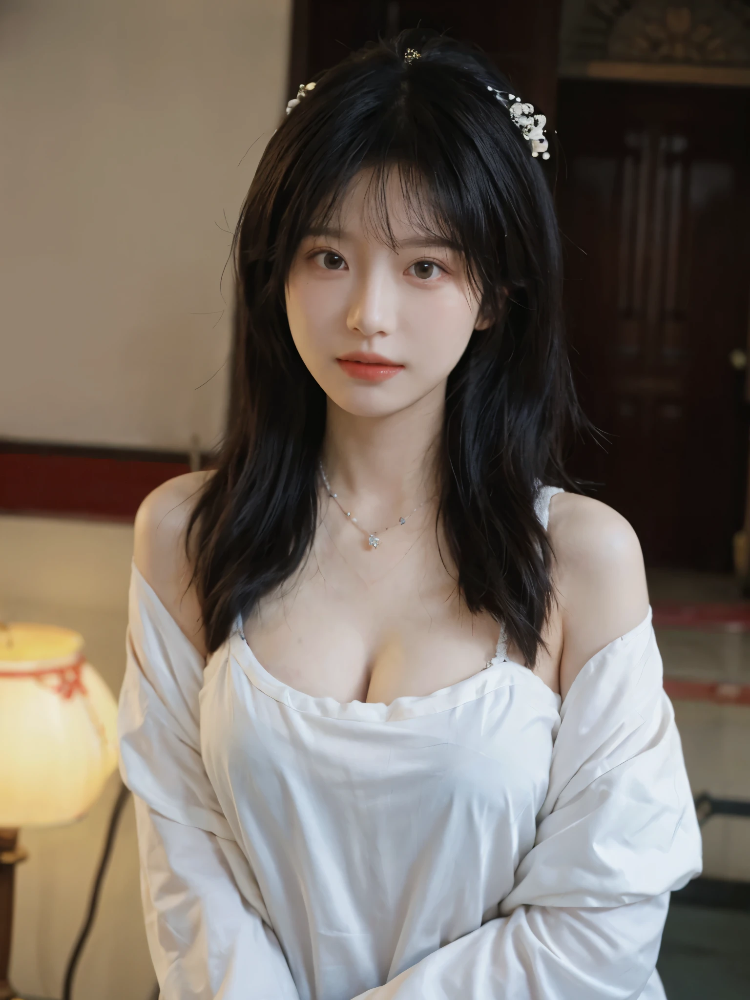 best quality， ultra high resolution， （realistically：1.4），cute hairpin，Baoyu Girl，Standing in the wedding hall，（flat chest：1.2） ，A pair of clear and charming peach blossom eyes,Royal sister，The sun shines on the face，Big wavy hairstyle，（necklace：1.2），（White skin：1.4），a sense of atmosphere，a beautiful girl，Looking directly at the viewer， Close-up cleavage ，(lifelike:1.4),1 girl,Sexy,(Upper body:1.4),(wet),(:1.2)