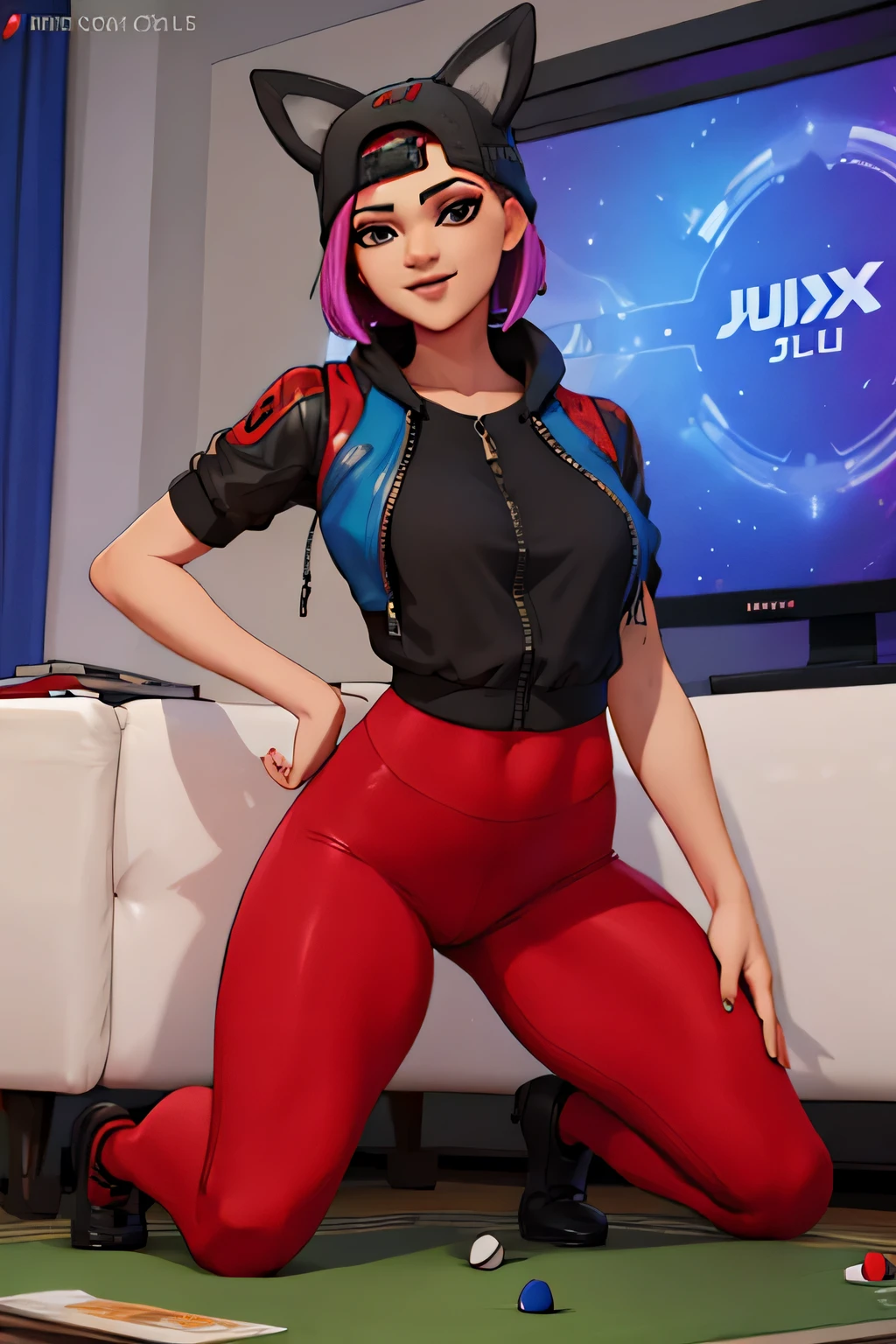 Leggins lince negro con chaqueta azul con negro sonriendo sentada jugando videojuegos