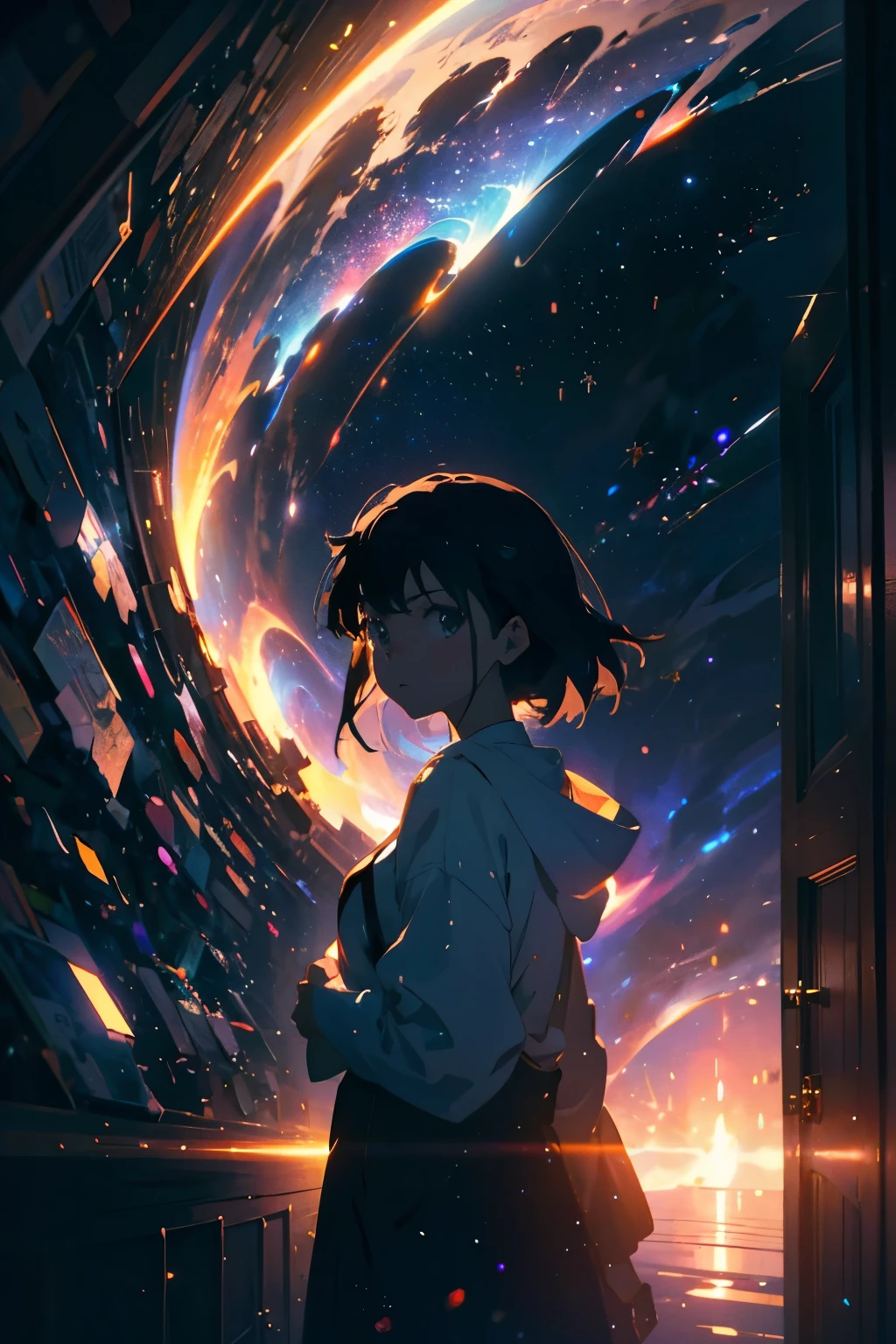 Create exquisite illustrations reminiscent of Makoto Shinkai's style, It has ultra-fine details and top-notch quality. Create a high-quality illustration featuring a beautiful girl opening a door in a fantastical space, revealing a cosmic universe beyond. The scene should depict a sense of wonder and enchantment, with intricate details throughout. Pay close attention to the ethereal quality of the space surrounding the door, with hints of swirling galaxies, distant stars, and celestial phenomena visible beyond the threshold. Ensure that the girl's expression conveys a mix of curiosity, awe, and perhaps a touch of trepidation as she ventures into the unknown. The illustration should evoke a feeling of magical discovery and the infinite possibilities of the cosmos. best quality, masterpiece