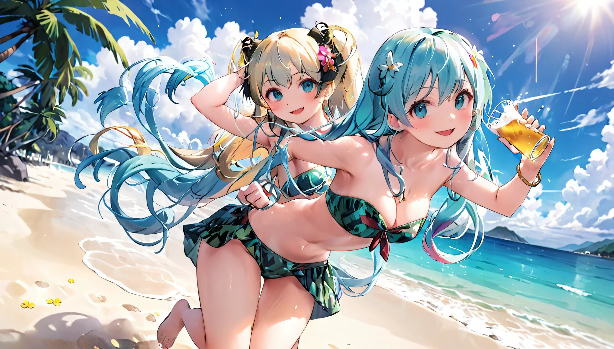  (masterpiece, best quality), lum,1 elven girl, ( bare breasts, thigh),  (light blue hair, twin tails ,very long hair is fluttering in the wind), full body, hand on hip , hair between eyes, multi colored hair,hair flower ornament ,(blush, smile, aqua eyes), open mouth,1 elven girl, holding, cleavage, swimsuit, cup, beach, holding cup, alcohol, mug, beer, gold beer, beer mug,
very long hair, twin tails ,aqua hair, multi colored hair, flower hair ornament, breasts, looking at viewer, blush, jumping , smile, aqua eyes, close mouth, bangs, beach ,seashore, palm tree, navel, cleavage, bare shoulders, large  breasts , strapless swimsuit, tiger print strapless  swimsuit ,full body,  strapless bikini, tiger print strapless bikini , pointy ears,  electricity, tiger print, strapless bikini, electrokinesis
