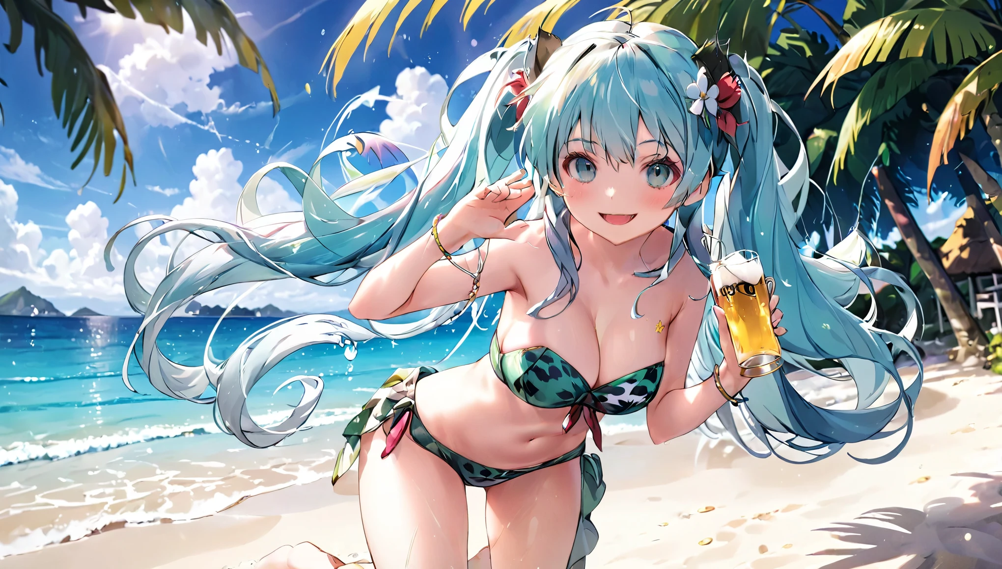 (masterpiece, best quality), lum,1 elven girl, ( bare breasts, thigh), (light blue hair, twin tails ,very long hair is fluttering in the wind), full body, hand on hip , hair between eyes, multi colored hair,hair flower ornament ,(blush, smile, aqua eyes), open mouth,1 elven girl, holding, cleavage, swimsuit, cup, beach, holding cup, alcohol, mug, beer, gold beer, beer mug,
very long hair, twin tails ,aqua hair, multi colored hair, flower hair ornament, breasts, looking at viewer, blush, jumping , smile, aqua eyes, close mouth, bangs, beach ,seashore, palm tree, navel, cleavage, bare shoulders, large breasts , strapless swimsuit, tiger print strapless swimsuit ,full body, strapless bikini, tiger print strapless bikini , pointy ears, electricity, tiger print, strapless bikini, electrokinesis