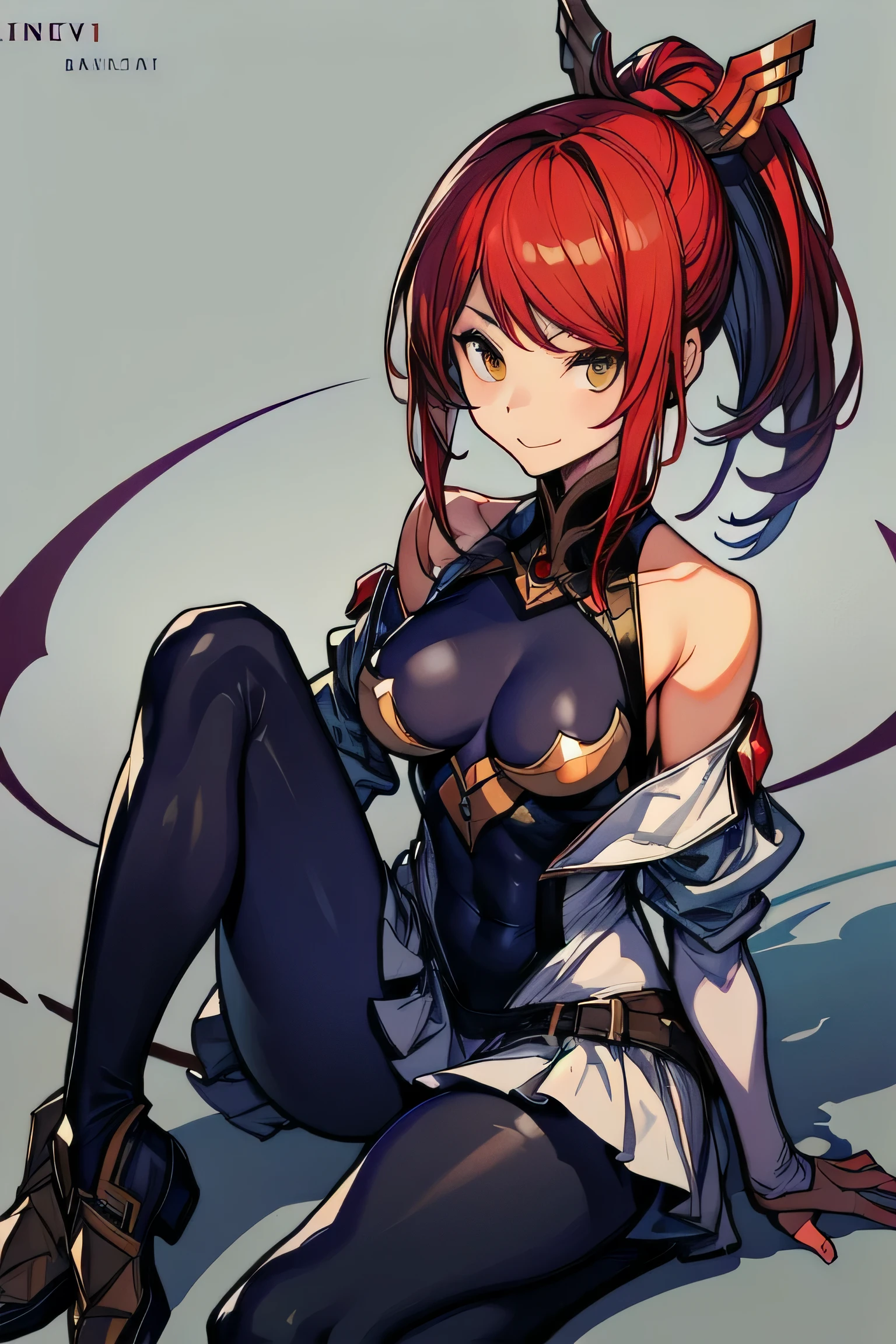 Izayoi (blazblue), orange eyes, red hair, ponytail, long hair, Small breasts, armor, bodysuit, boots, skin tight, skirt, thigh boots, thighhighs, 1girl, solo, facing viewer, looking at viewer, upper body, smile, Sitting
