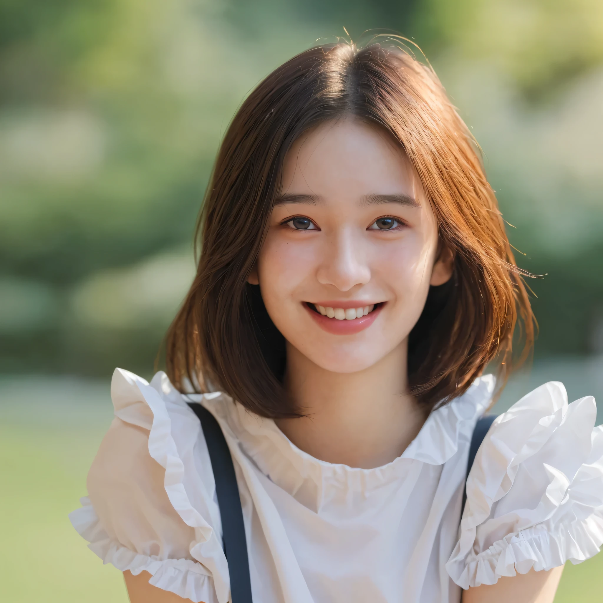 best quality:1.3,masterpiece:1.2,(ultra high res:1.1),photorealistic:1.5,1girl,(),oval face,(realistic:1.3),student,teasing_smile,frilled_collar,blurry,18 years old,