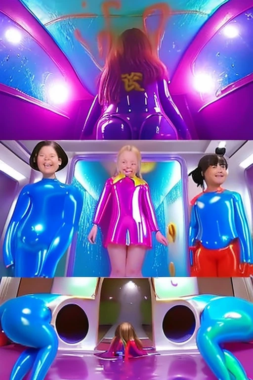 live-action female er Shiny hair Slime monster transformation Inside the spaceship wearing a rubber suit long straight hair Long ballet shoes Multiple people Enamel costume Japanese