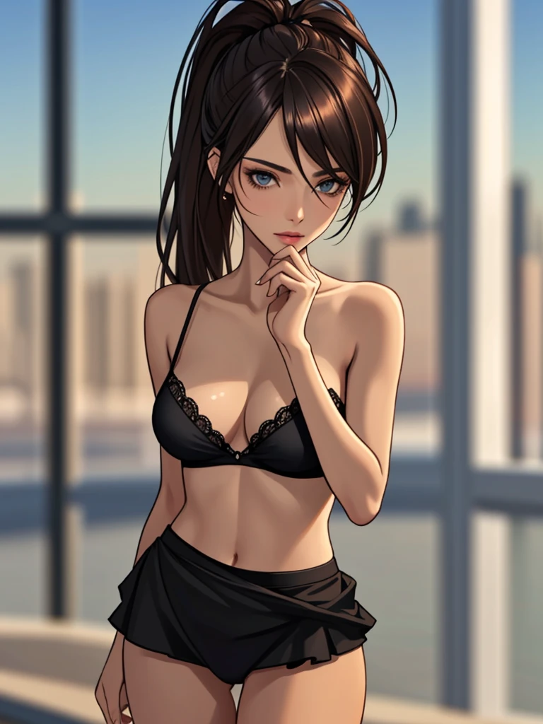 1 girl (Masterpiece, best quality, photorealistic, highres, photography:1.3), close-up portrait, sharp focus, 1 dark haired girls, European fashion models, flawless skin, slim feminine appearance, flat abdomen, slender abs, cleavage, messy hair, detailed hair strands, delicate sexy face, allure look, ((elegant girl, high society, detailed makeup, influencer, perfect skin)), outdoor fashion photoshoot, standing pose, ((realistic, ultra realistic, realism, realistic detail)), long black ponytail, hair between eyes, (tan skin, bronze skin) blue eyes, tan skin