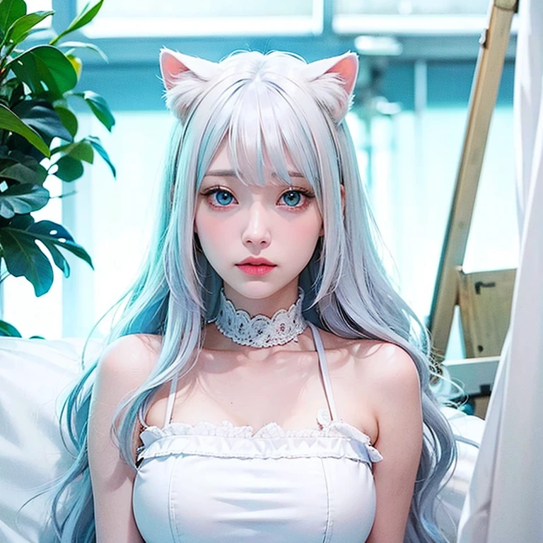 Female, cerulean eyes, long white hair with bangs, pale skin, white cat ears