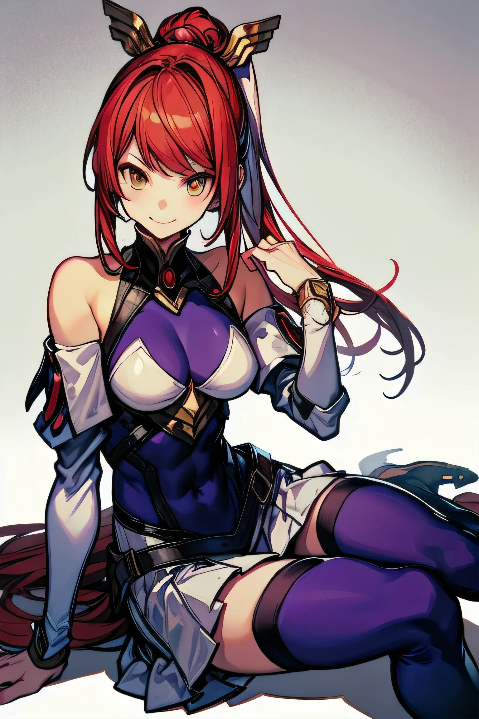 Izayoi (blazblue), orange eyes, red hair, ponytail, long hair, Small breasts, armor, bodysuit, boots, skin tight, skirt, thigh boots, thighhighs, 1girl, solo, facing viewer, looking at viewer, upper body, smile, Sitting
