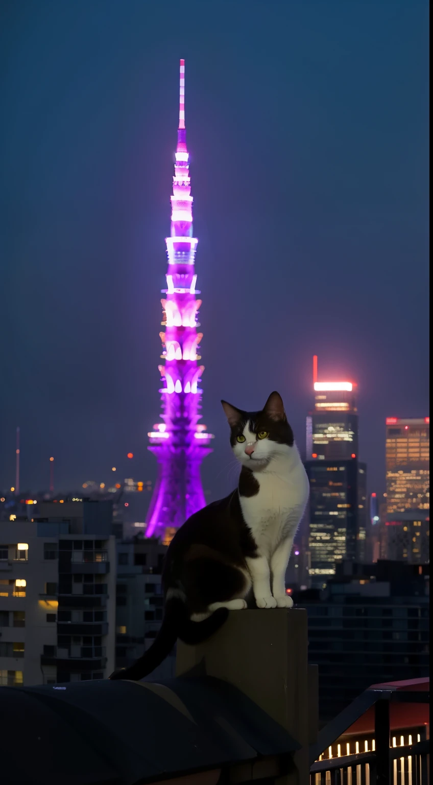 A cat looking at the tower,A modern architectural marvel, the Tokyo Skytree stands tall against a backdrop of Tokyo’s urban skyline. The scene is during twilight, with the city lights beginning to sparkle and the sky painted in hues of purple and orange.”