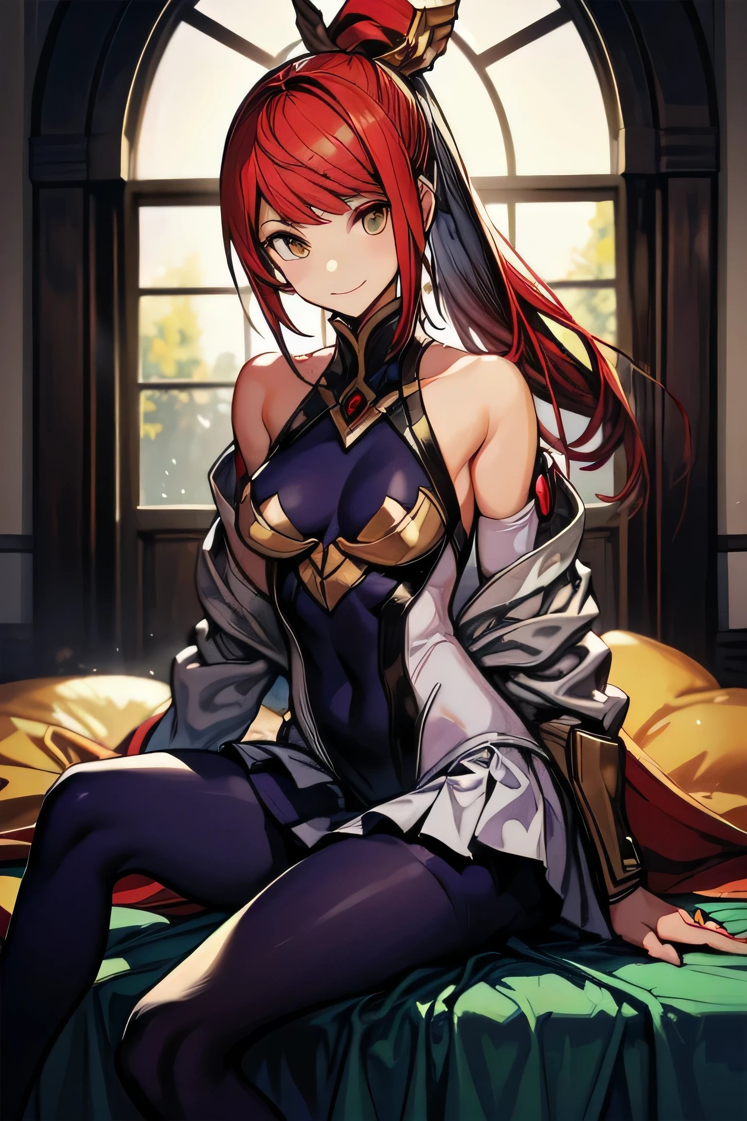 Izayoi (blazblue), orange eyes, red hair, ponytail, long hair, Small breasts, armor, bodysuit, boots, skin tight, skirt, thigh boots, thighhighs, 1girl, solo, facing viewer, looking at viewer, upper body, smile, Sitting
