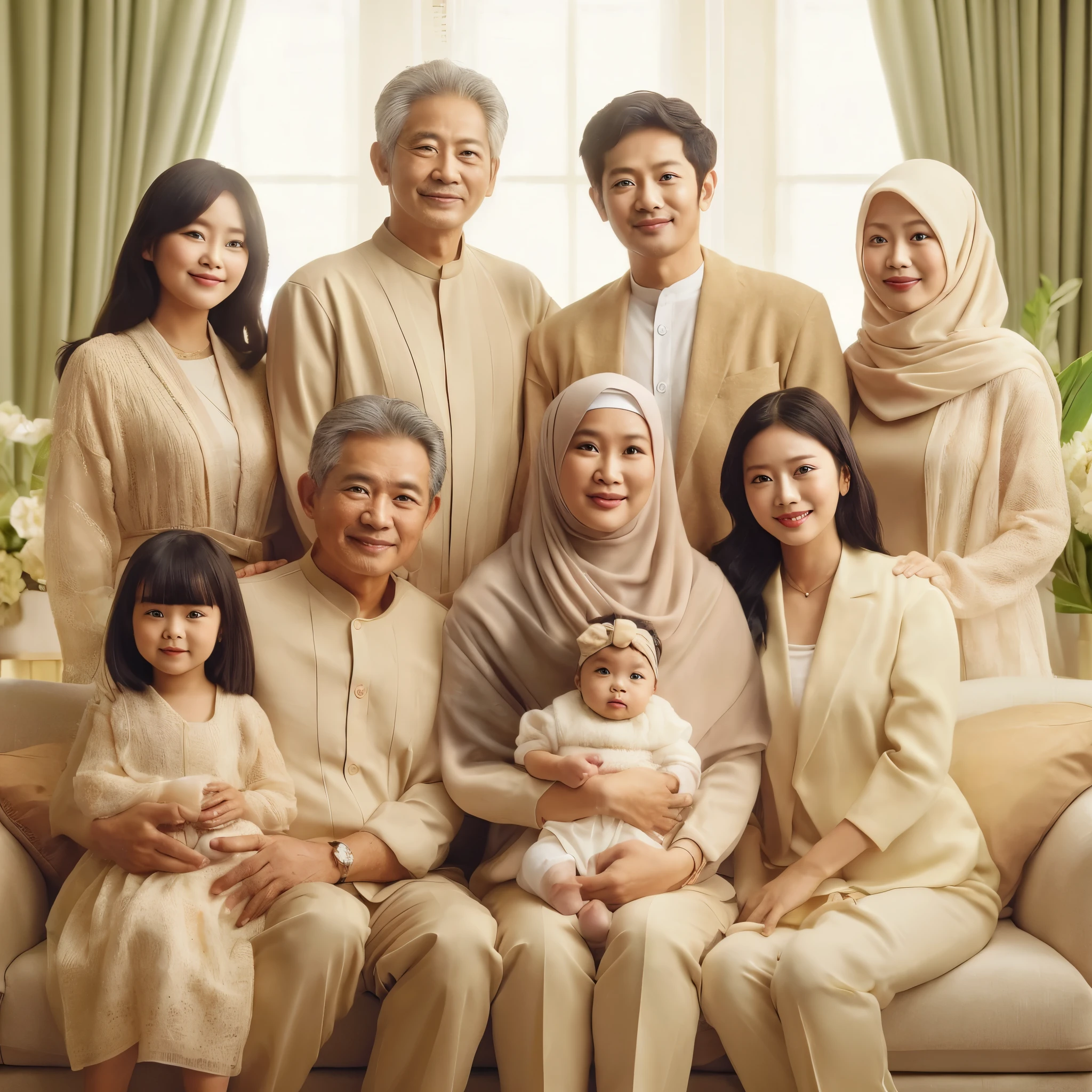 Family photo in Indonesia, nine members, one 55-year-old father carrying a 4--old ghter, one 50-year-old mother carrying a 1-year-olby giult women (nice hair), two adult men. They all wear matching luxurious cream-colored outfits, taken at a photo studio in a bright living room with daylight illumination, green flower vase, realistic, ultra HD, 16k.