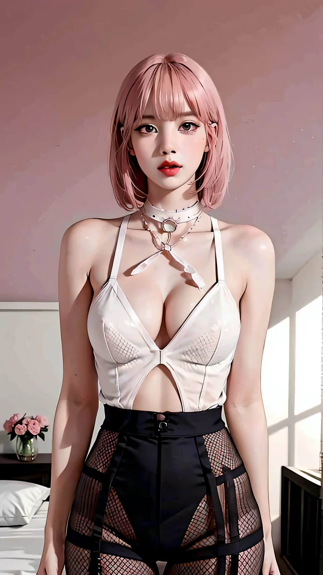 1 girl, athlete's body, big breasts, Narrowed eyes, oblong face (fishnet, lingerie, See-through, body suit, pantyhose, bare shoulders, halter neck, ), highest quality, disorganized, pink hair, choker, Bedroom, stand, NSFW:0.9