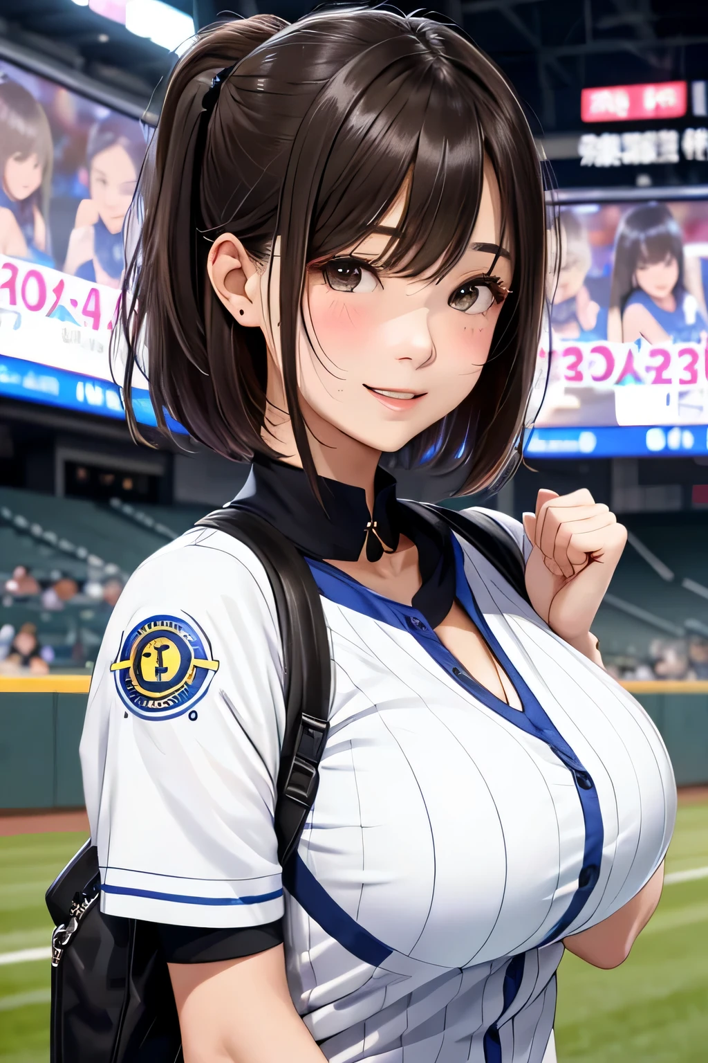 (highest quality:1.4)、(High resolution)、detailed background、(detailed beautiful face:1.4)、anatomically correct、(Depict the normal number of fingers:1.2)、(detailed facial expressions)、beautiful and smooth skin、age beauty、(two women)、(huge breasts:1.3)、cute hair color、brown hair、bob cut、ponytail、cowboy shot、baseball Ground、Intense support and an enthusiastic atmosphere、sexy baseball uniform、emphasize cleavage、cute、
(Two beautiful girls excitedly watch a sports game in the stands:1.5)、
Raise your arms in maximum excitement、stretch your arms、show one's side、
Eyes wide open、Mouth slightly open or smiling、A part of the body is moving slightly、
Your hands are shaking slightly or your body is swaying back and forth、A slight redness on the face and neck due to an increased heart rate、cute