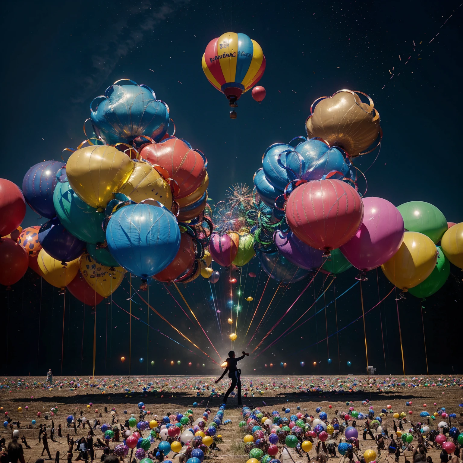 An empty black screen. A small burst of color appears in the center of the screen, like a hot air rocket. The colors expand rapidly, filling the entire screen with a vibrant burst of vibrant, luminous tones. From the burst of color, hundreds of balloons begin to emerge, as if being expelled from a magical portal.The balloons come in every size and shape imaginable, in vibrant, metallic colors.They float and spin in the air, creating a mesmerizing and spectacular effect.The camera moves fluidly between the balloons, capturing the beauty and exuberance of the scene. The background music is happy and infectious, perfectly matching the vibrant energy of the video.