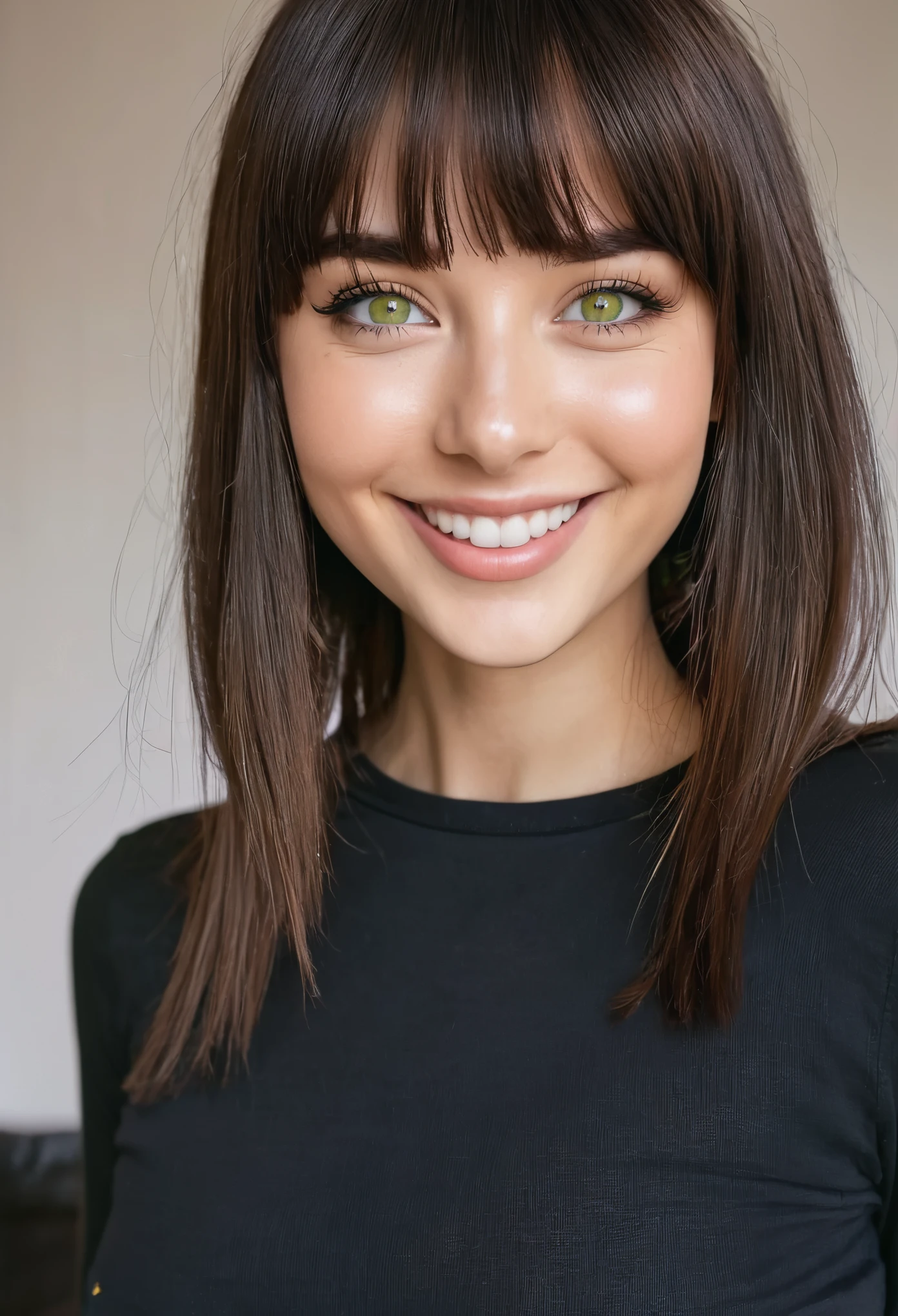 green eyes, small flat breast, slender body, long sleeve t-shirt, black denim pants, medium back length hair, cute girl, blunt bangs, thin eyebrows, white skin, dark brown hair, smile,