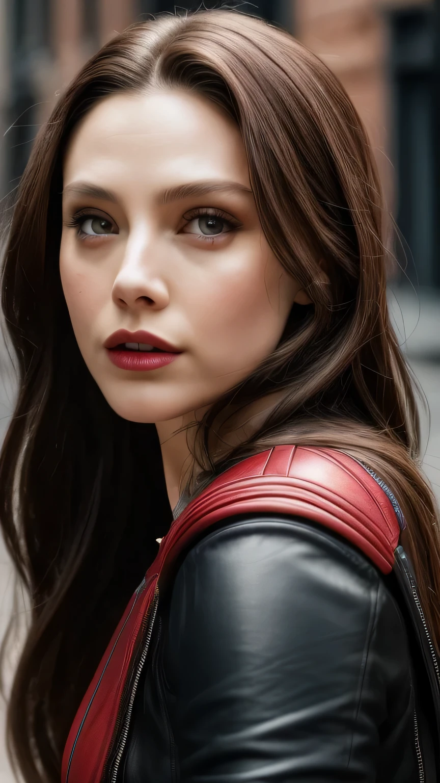 Highly detailed female photos, Lola Elizabeth, Scarlet Witch, the avengers, wearing a black lace dress, open red leather jacket, 8k uh, RAW photo, model photography, masterpiece, 最high quality, high quality, High resolution, (On a deserted city street), (((close up of face)))､