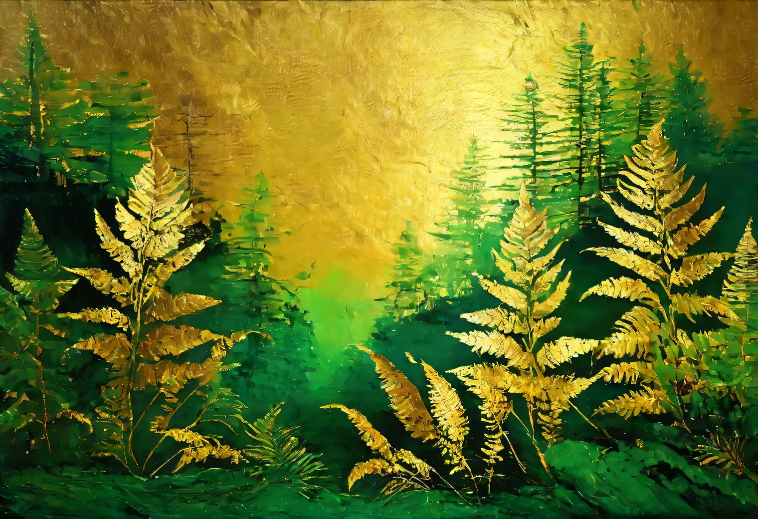 Forest theme, ferns and trees, gold leaf on a green background, high definition, gold leaf painting