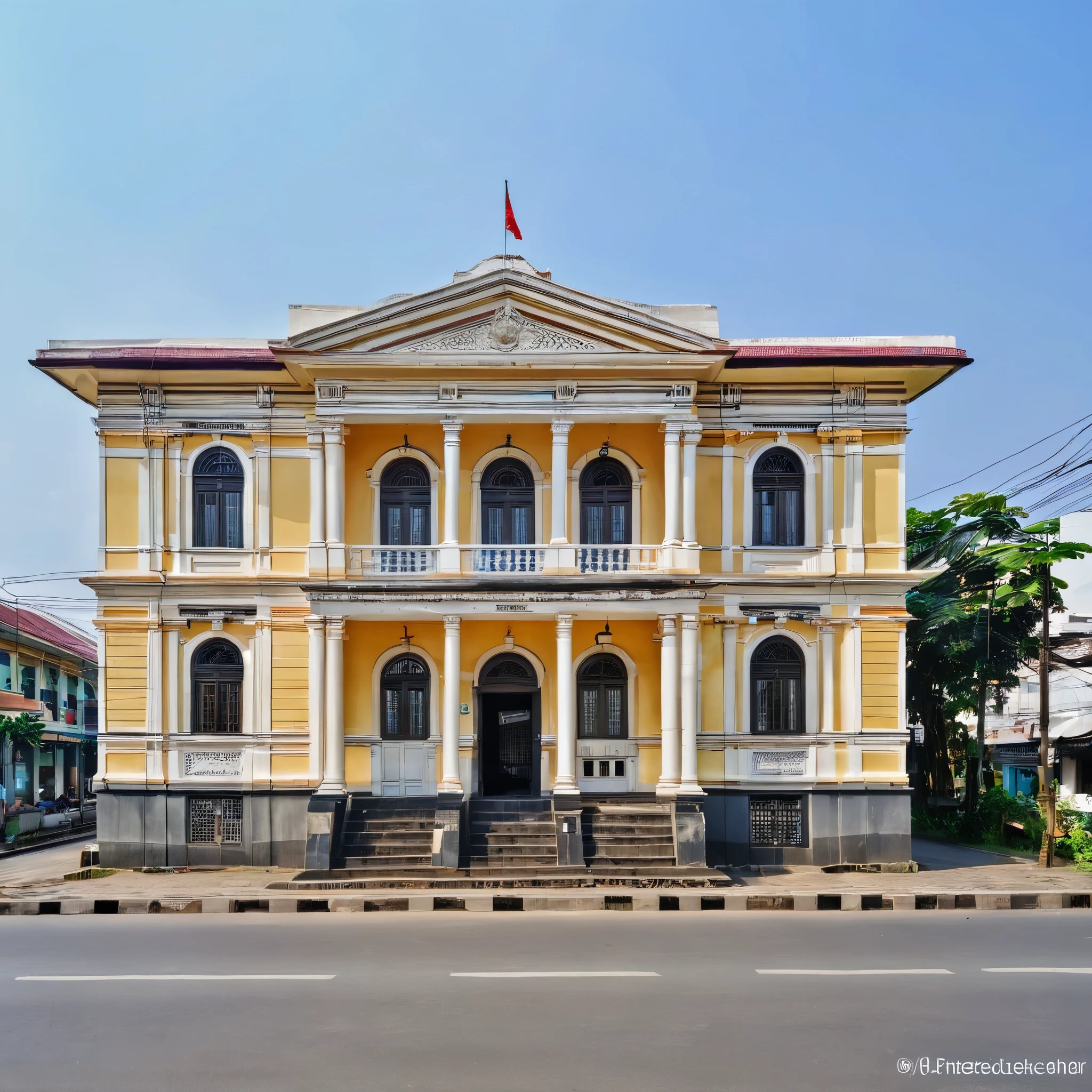 A building on the street, khedival opera house, neoclassical police station, frontview, arsitektur nusantara, preserved historical, museum, kuntilanak, old building, eliran kantor, historical image, leaked image, police station, front view, art museum, wonderful masterpiece, masterpiece', town hall