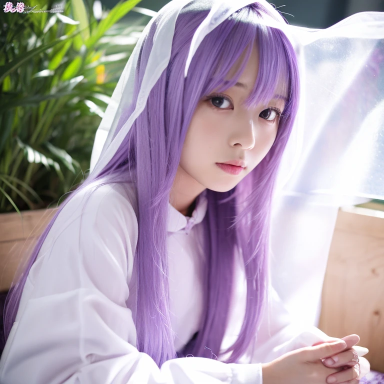 ((カスタムEye mask)), ((Patterned mask)), ((patterned Eye mask)), string hair ribbon, Purple Hair, ((Realistic)), ((Photorealism)), ((photoRealistic)), ((Cosplay)), ((Real Life)), One girl, alone, close your eyes, Black Hair, Multicolored Hair, blush, Fur trim, fur-trimmed coat, smile, coat, Purple Hair, Long Hair, ((Eye mask)), bangs, Mouth closed, bow, Flying Sweat, white coat, ribbon, bandage, Two-tone hair, Upper Body, white bow, hair ornaments