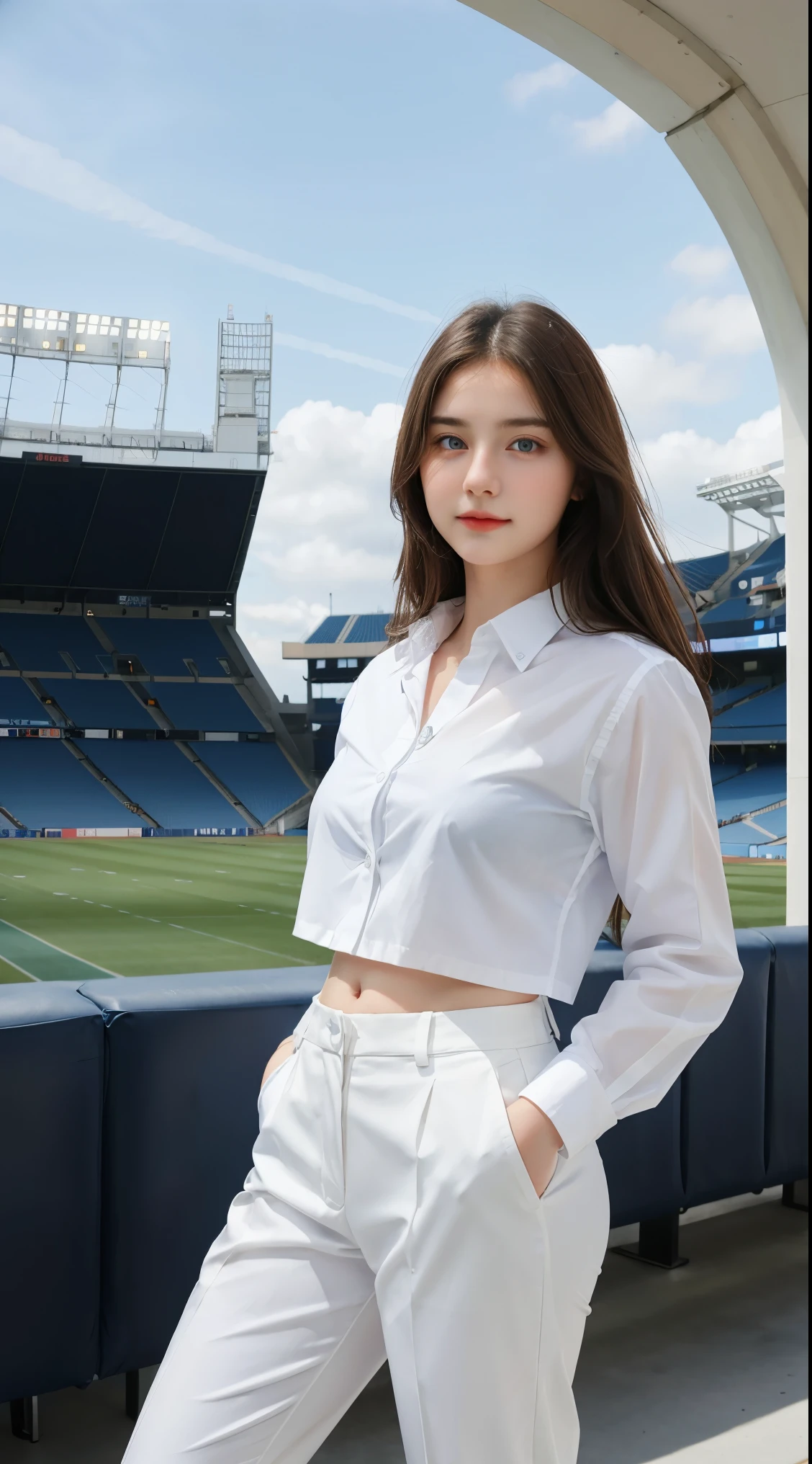 Gorgeus Girl, Beautiful, , 20 Years Old, White Skin, Sexy Pose, woman trousers, Blue Eye, Bokeh, football stadium Background, Masterpiece, Fullbody Shot, business suits, white shirt