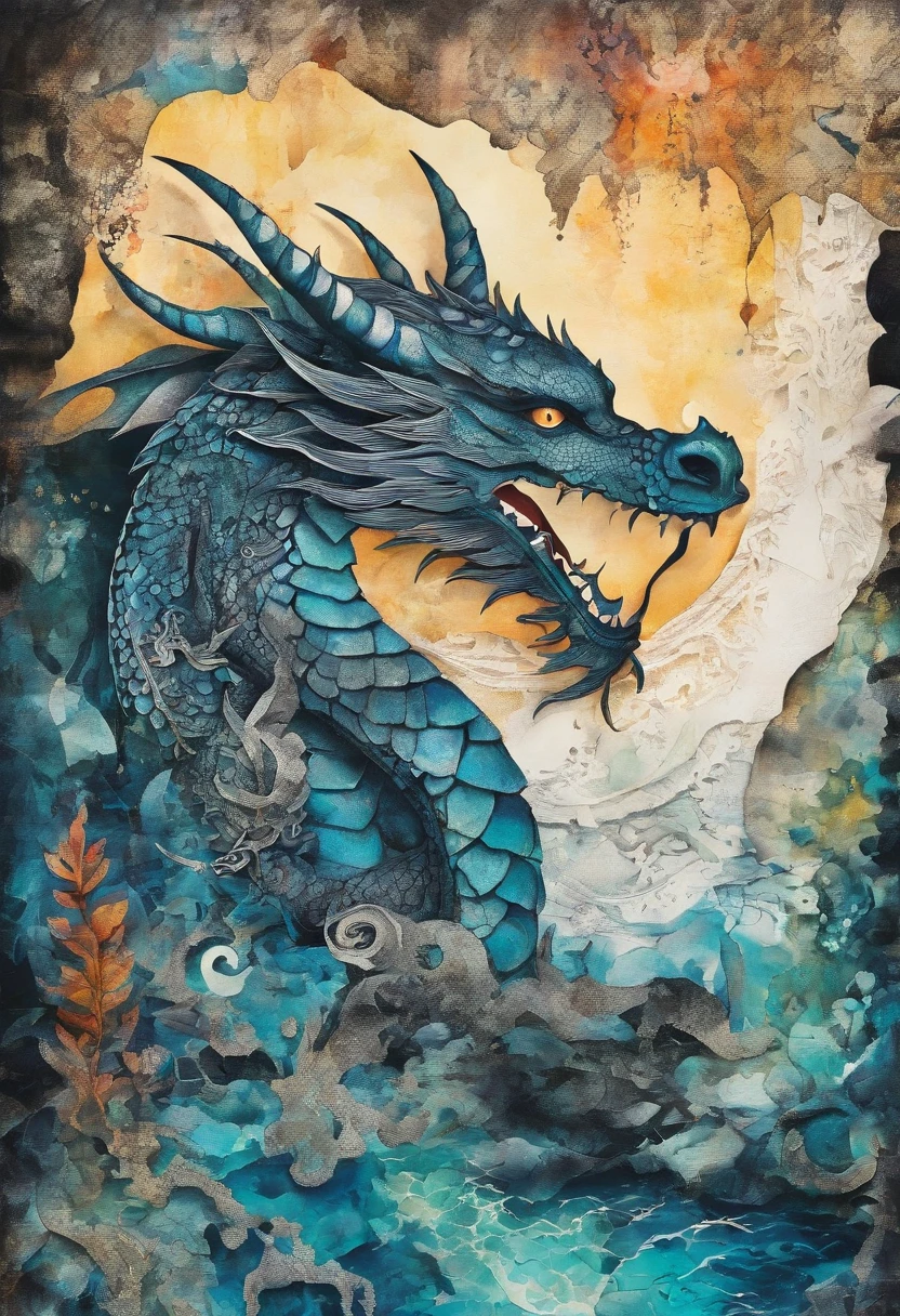 Dragon noir, ocean cave background ::2 colorful ink painting ::2 art fantasy