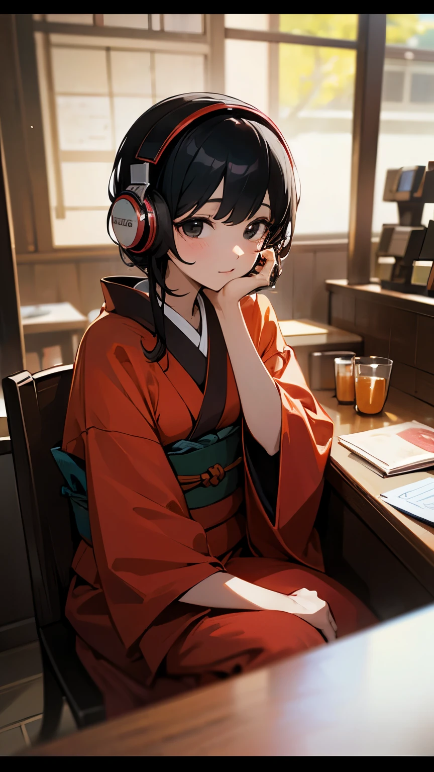 ((8k)), beautiful face, beautiful fair skin, beautiful background, BREAK Japanese girl, alone, Red kimono and obi, black hair, black eye,listen to music,headphones,Cafe,front,shortcut、drink coffee