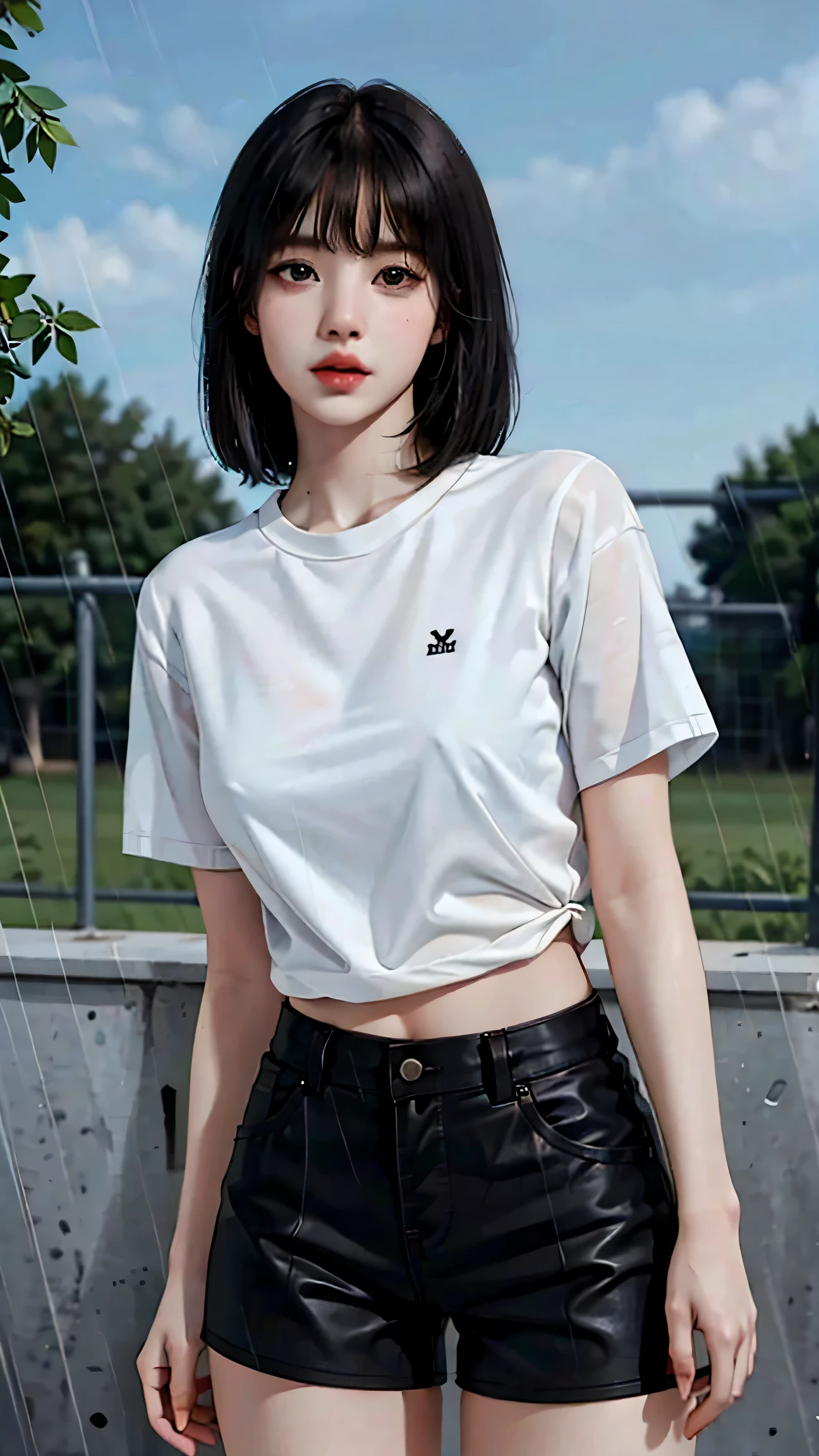 Beautiful girl with realistic black eyes, pale skin, medium length black hair, perfect face, perfect eyes, (Short black hot pants), (((See-through white T-shirt))), very detailed, comprehensive movie, digital painting, 8K, cinematic lighting, highest quality, High resolution, well done!, Post-processing, perfect result, surreal,(((revealing clothes))),big breasts,(rain), wet,(NSFW:0.8)