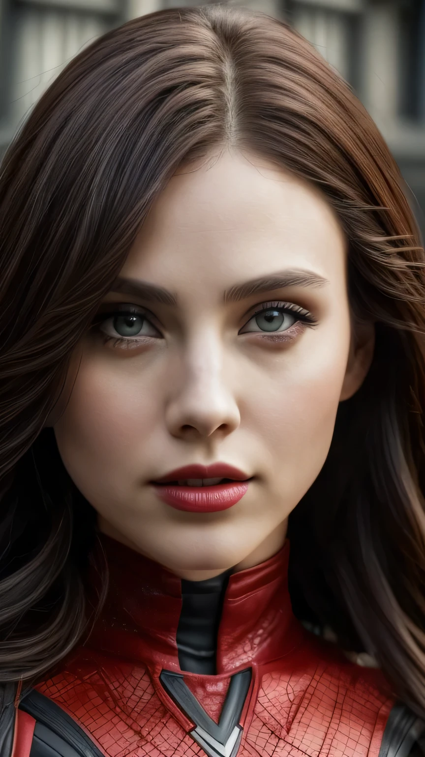 Highly detailed female photos, Lola Elizabeth, Scarlet Witch, the avengers, wearing a black lace dress, open red leather jacket, 8k uh, RAW photo, model photography, masterpiece, 最high quality, high quality, High resolution, (On a deserted city street)､(((close up of face)))､