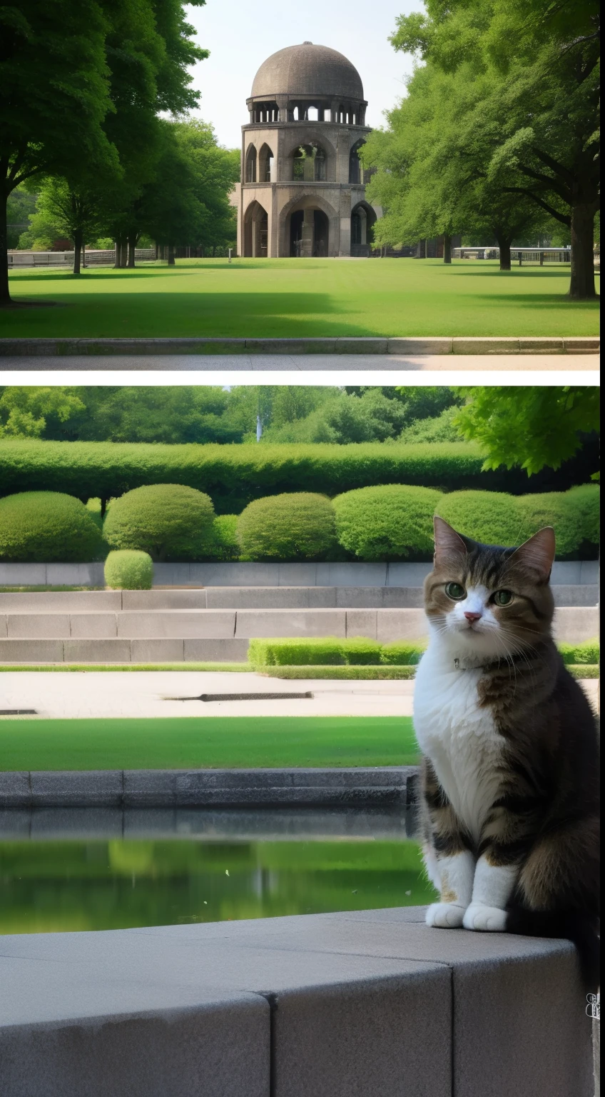 Cat,The Hiroshima Peace Memorial Park in Japan, centered around the iconic Genbaku Dome, the only structure left standing near the bomb’s epicenter. The park is serene, with lush greenery, water bodies reflecting the peace monuments, and people in contemplation.”