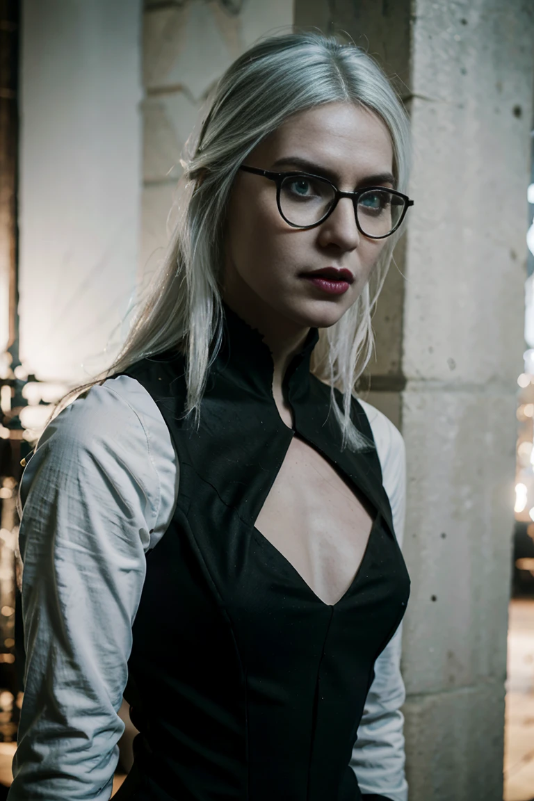 potrait of 1girl, [air::white, long],[face:: (open mouth, biting lips, black lipstick,sharp features)],[eyes::azure, ice azure], White lock of hair over right side,black round glasses,black tight long simple dress,ciri the witcher,carmilla castelvania, goth elsa,photographic style, 4k,realistic, hyperdetailed, photo, professional photo
