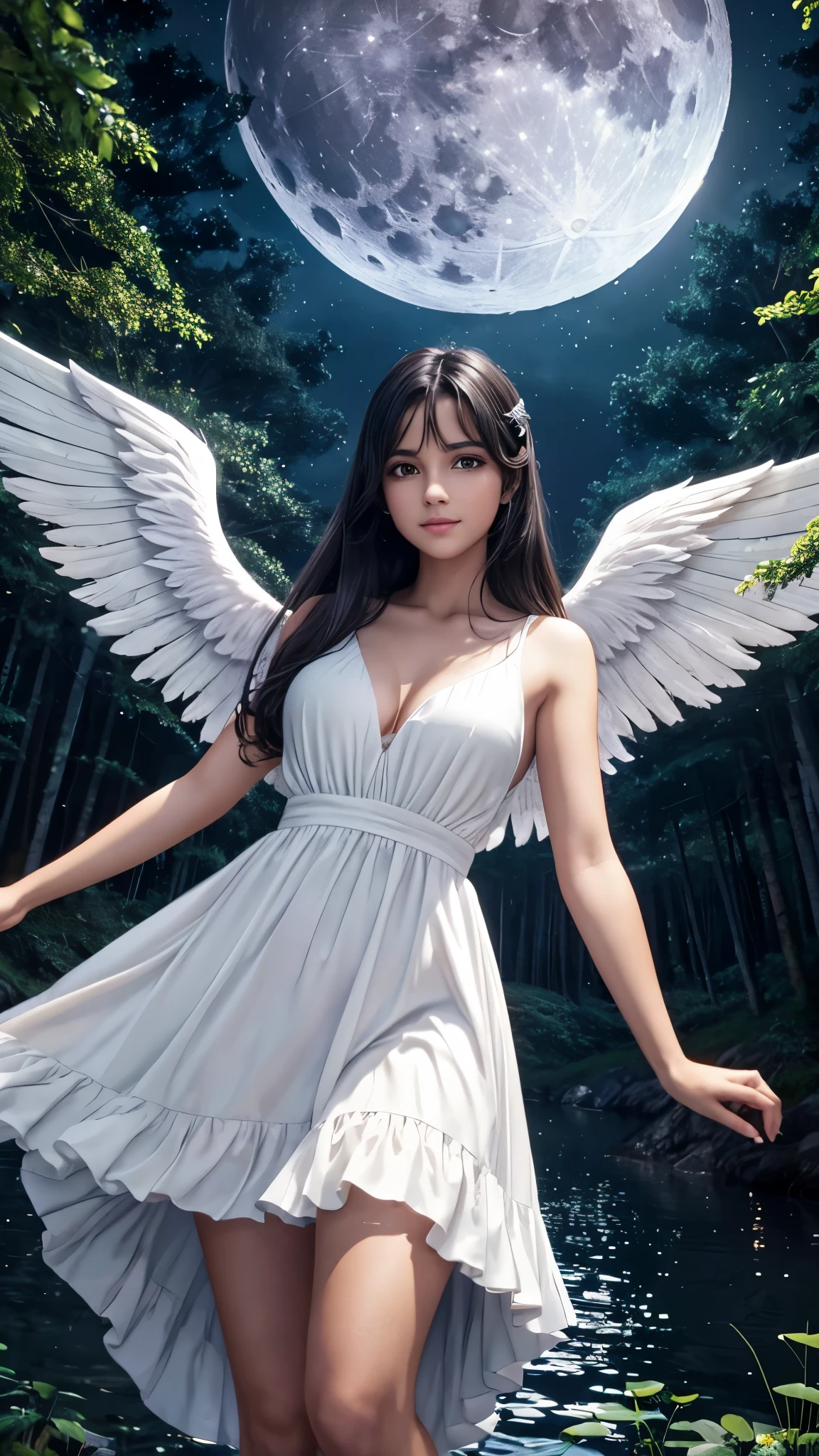 Female angel type latin girl with brown eyes and black hair lake in white dress beautiful big wings in a night forest under the light of the moon and stars masterpiece of the highest quality 8k 