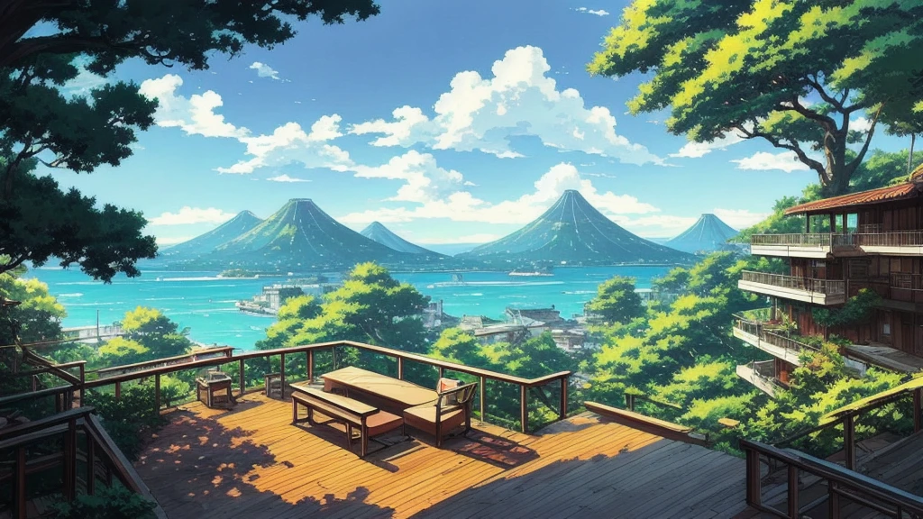 makoto shinkai, scenery, high quality, sunlight filtering through the foliage, Town with a view of the sea, Terrace seats, sofa, anime style, wood deck, large tree, Dilapidated building, robot, cyber punk, lanthanum, broken window, tree 、Japanese style room