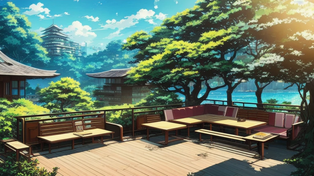 makoto shinkai, scenery, high quality, sunlight filtering through the foliage, Town with a view of the sea, Terrace seats, sofa, anime style, wood deck, large tree, Dilapidated building, robot, cyber punk, lanthanum, broken window, tree 、Japanese style room