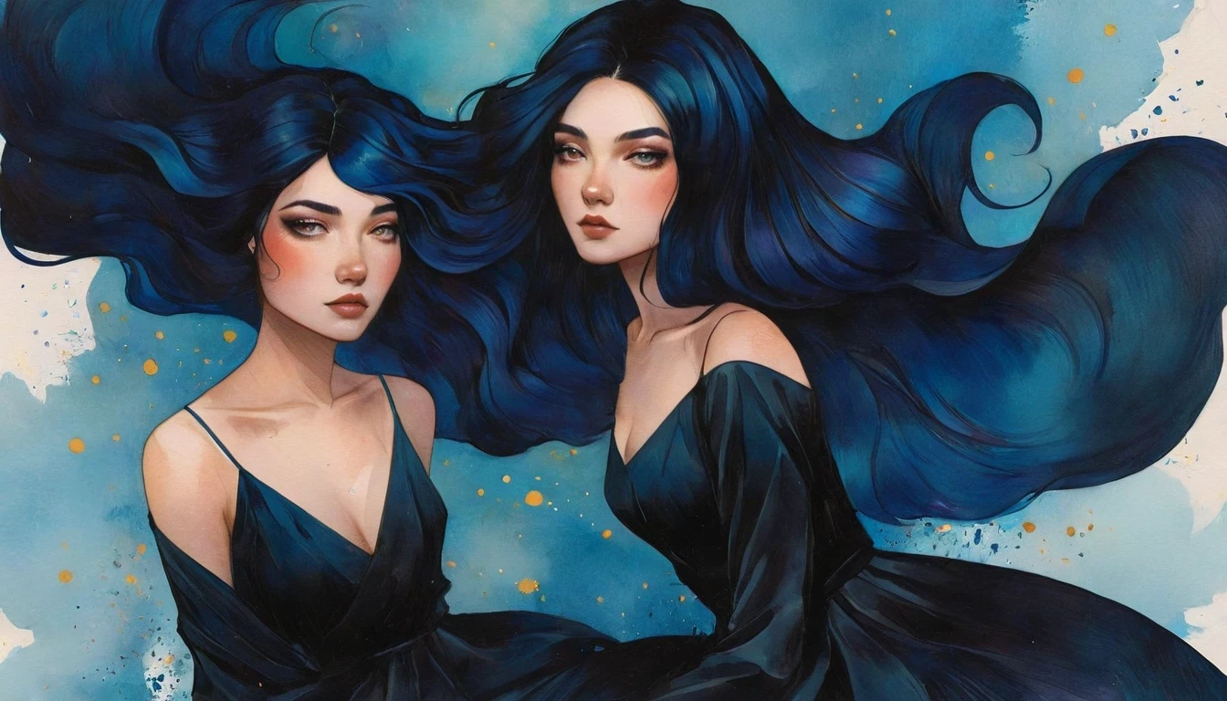 a watercolor painting of a woman with long black hair and a black dress, 2 girl with blue hair, style of charlie bowater, jen bartel, in style of charlie bowater, woman with flat hair, in style of anna dittmann, charlie bowater rich deep colors, inspired by Jeremiah Ketner, Inspired by Harumi Hiỉonaka, golden ratio.