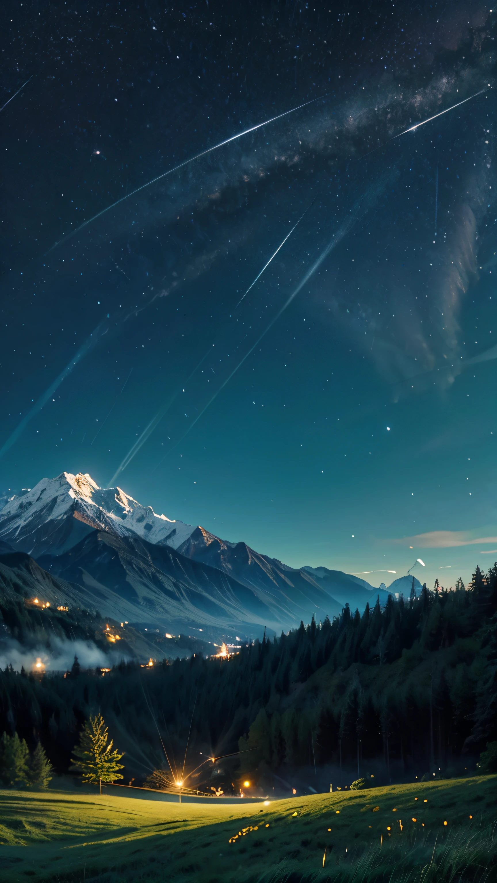 anime inspired greenery landscape alps with bright blue glass like sky shinning twinkling sparkling effect(bokeh effect) (fireflies)