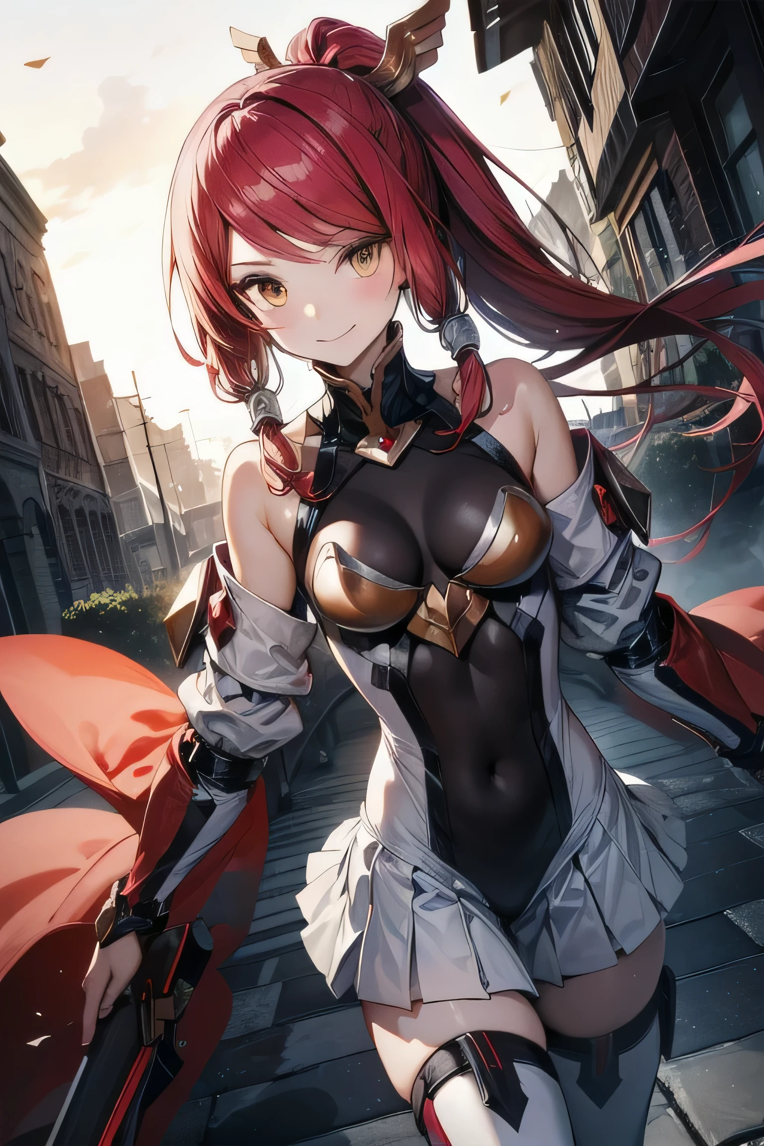 Izayoi (blazblue), orange eyes, red hair, ponytail, long hair, Small breasts, armor, bodysuit, boots, skin tight, skirt, thigh boots, thighhighs, 1girl, solo, facing viewer, looking at viewer, upper body, smile,
