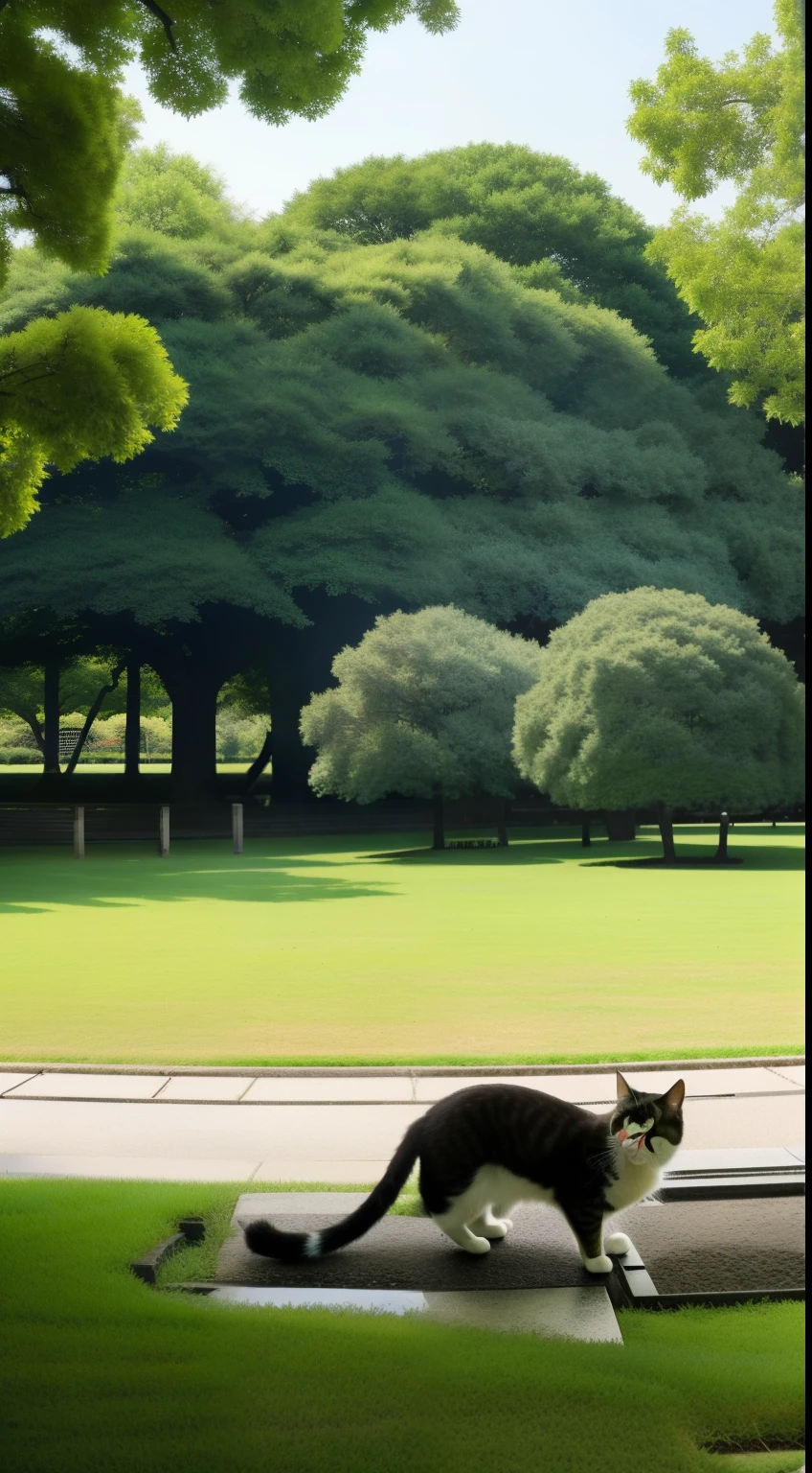 Cat,The Hiroshima Peace Memorial Park in Japan, centered around the iconic Genbaku Dome, the only structure left standing near the bomb’s epicenter. The park is serene, with lush greenery, water bodies reflecting the peace monuments, and people in contemplation.”