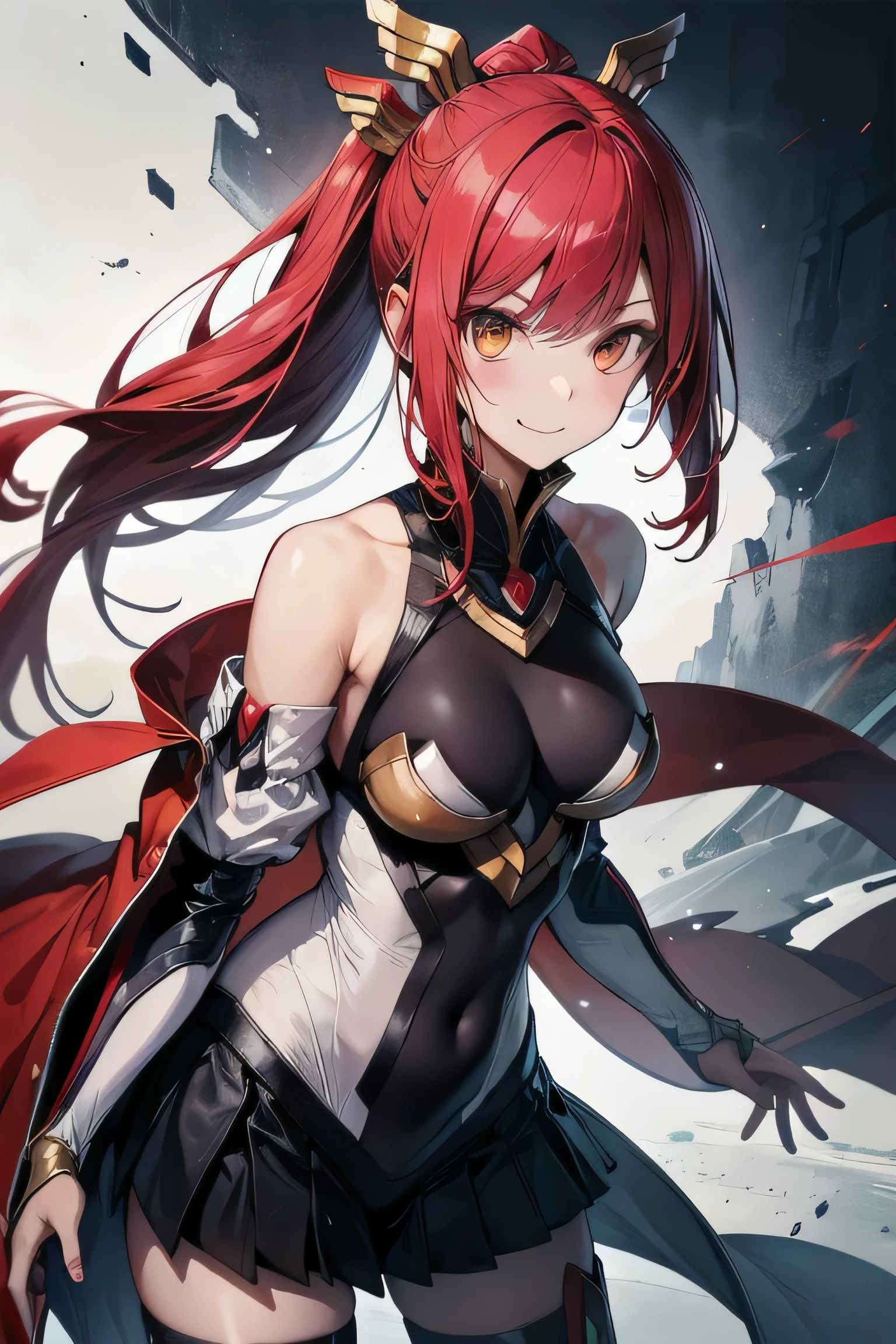 Izayoi (blazblue), orange eyes, red hair, ponytail, long hair, Small breasts, armor, bodysuit, boots, skin tight, skirt, thigh boots, thighhighs, 1girl, solo, facing viewer, looking at viewer, upper body, smile,
